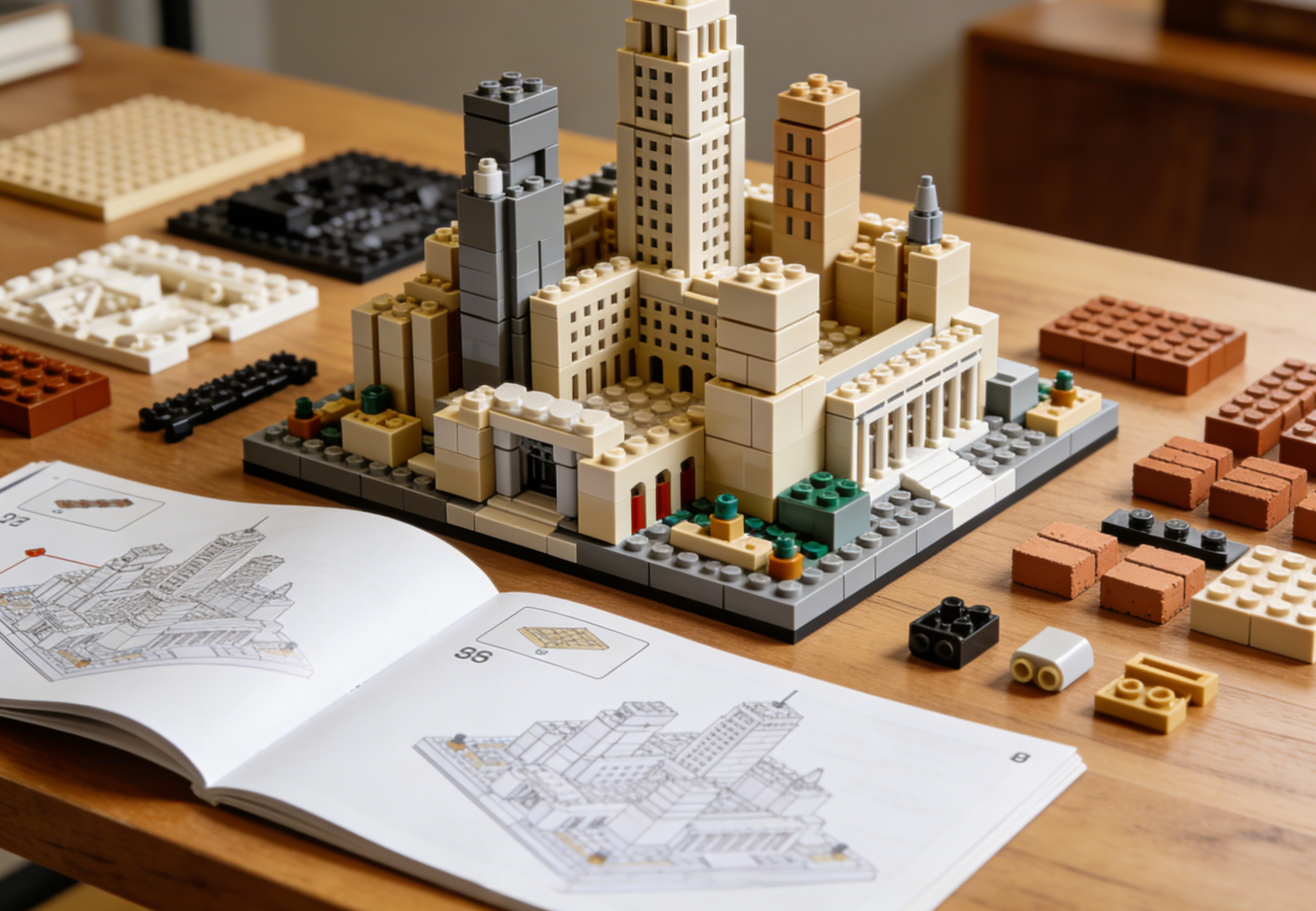 Adult deeply engrossed in assembling a complex building brick set, surrounded by various brick pieces and instructions.