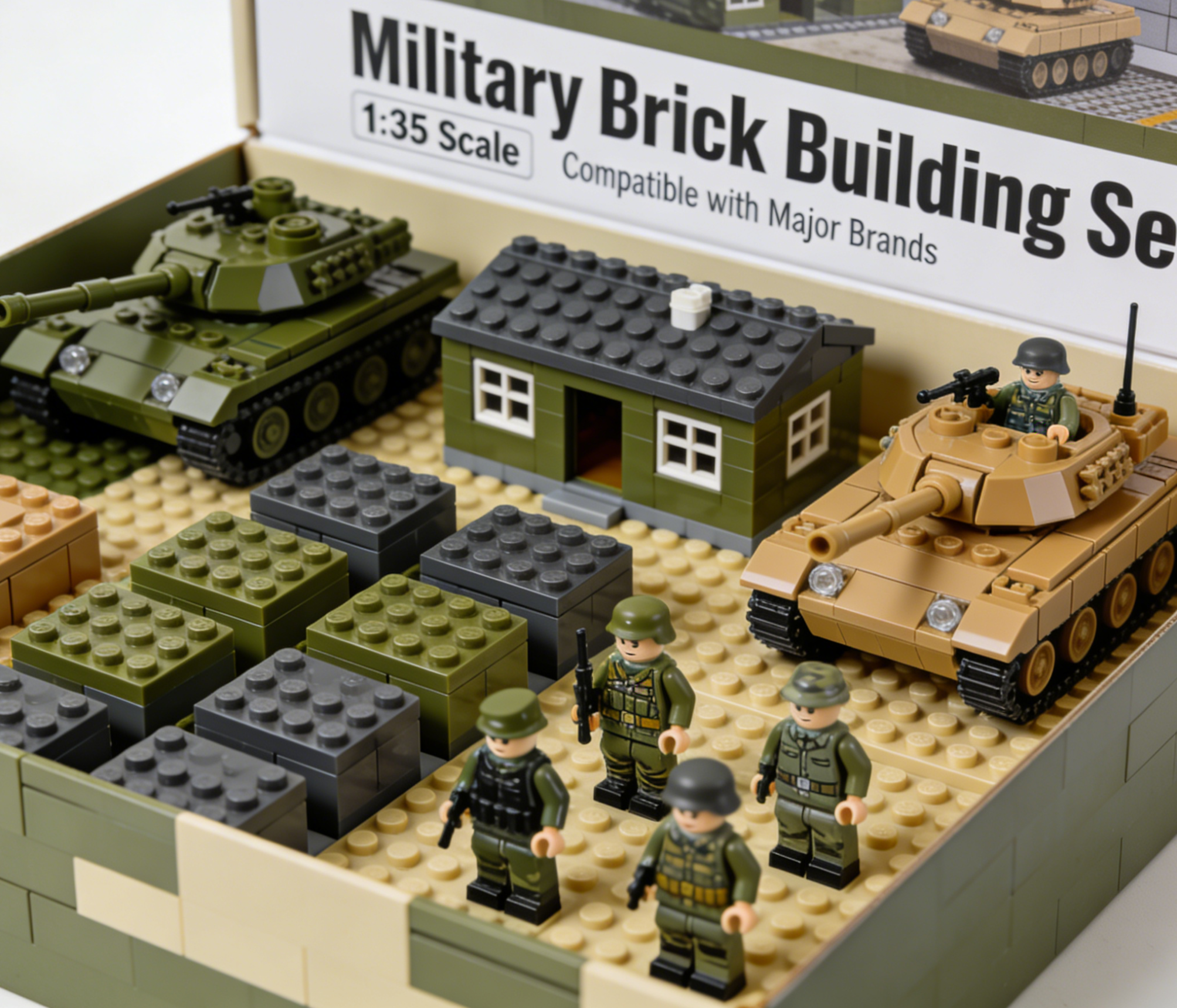Detailed military brick tank model on a display stand