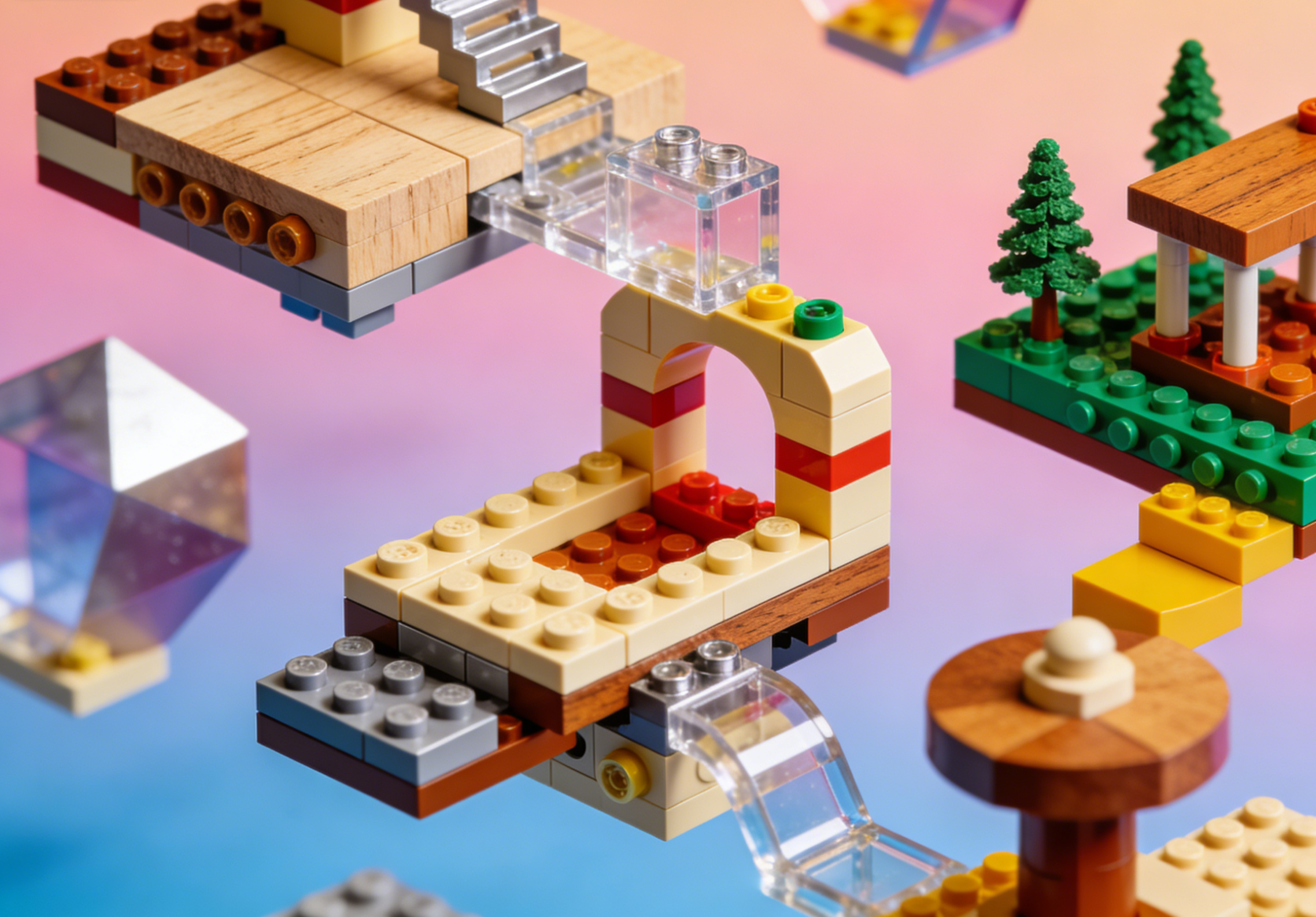 Close-up of intricate mini building brick set model