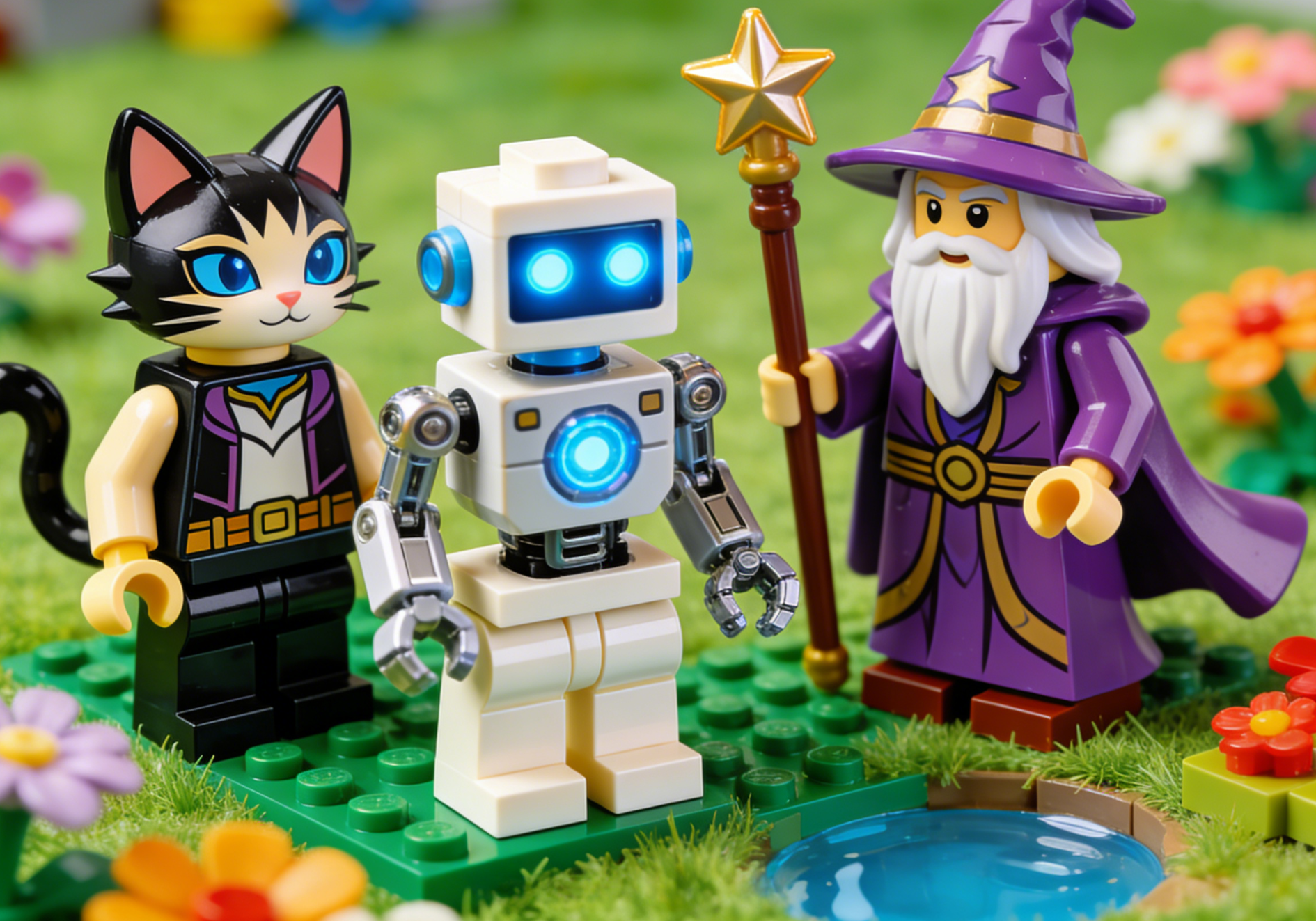 Close-up of a vibrant Funko Pop building block figure with a detailed backdrop