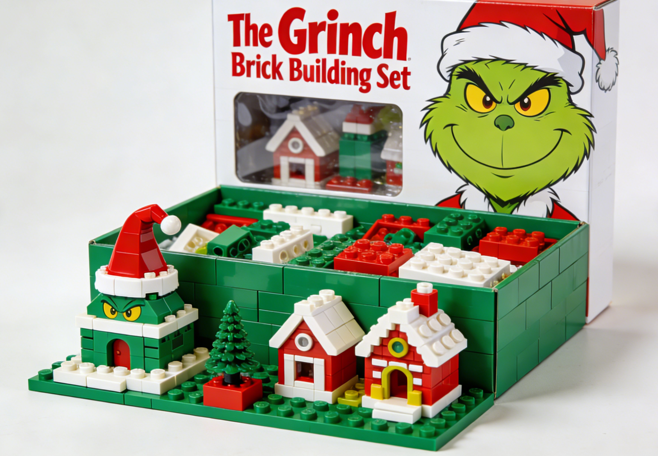 The Grinch and Max brick building set against a snowy Whoville backdrop