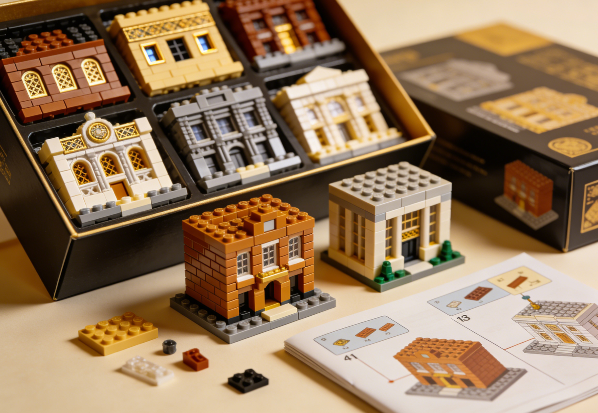 Detailed brick model kit replica of a classic car, surrounded by various building blocks and tools, highlighting precision and craftsmanship