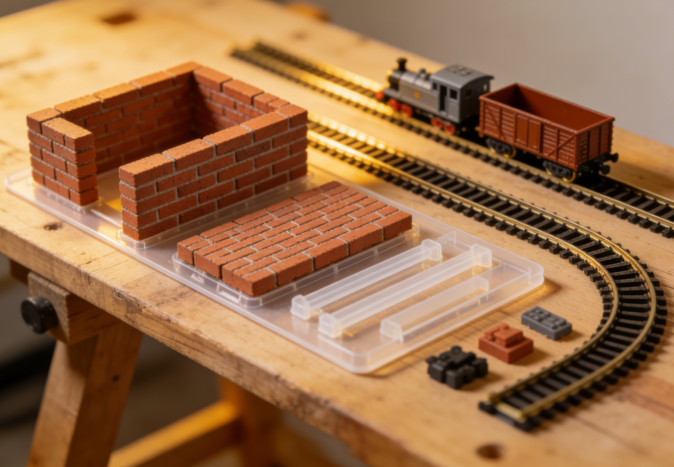 Detailed brick-built model train traveling on a track in a scenic brick-built landscape