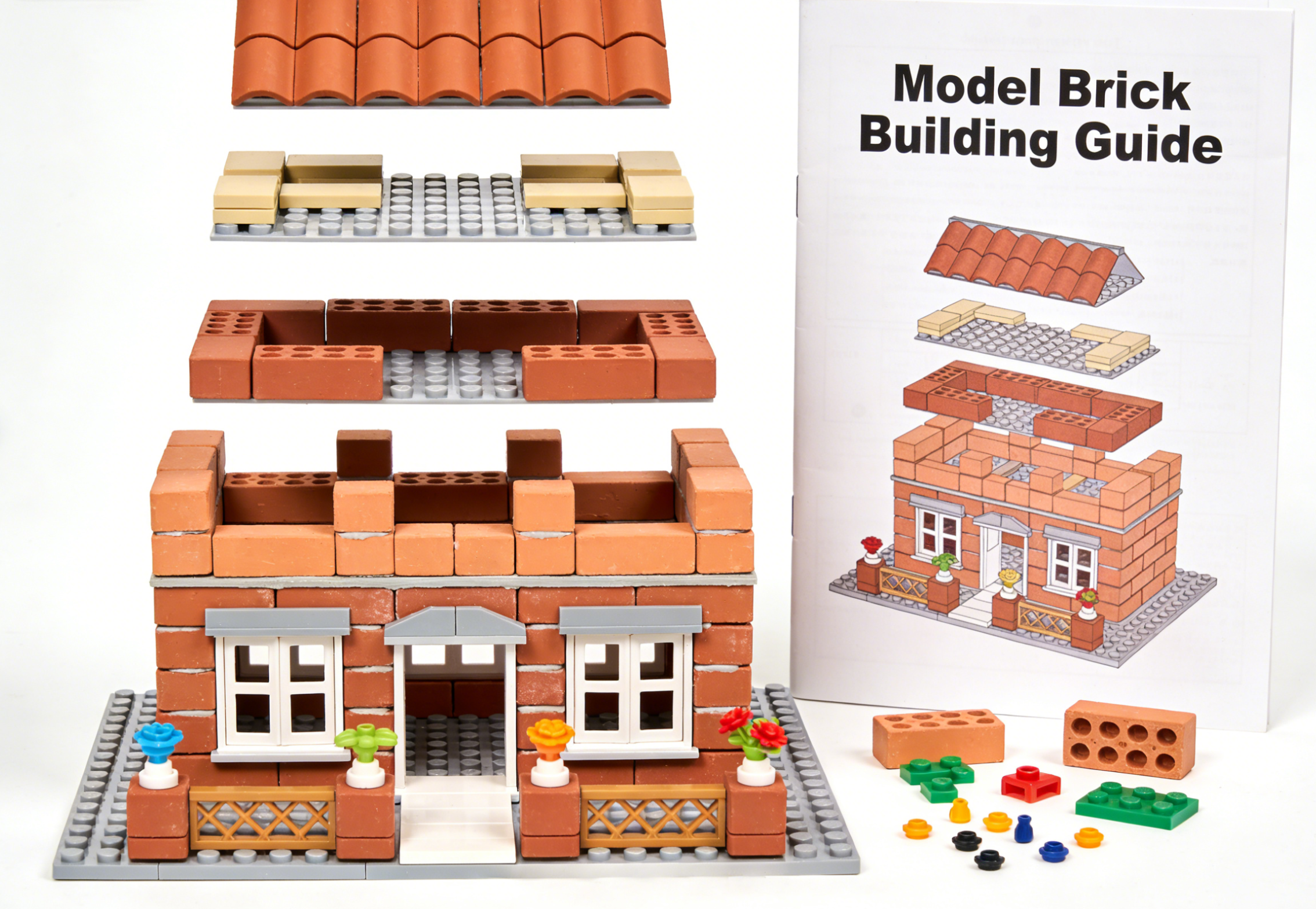 Intricate model of a building constructed from colorful brick pieces