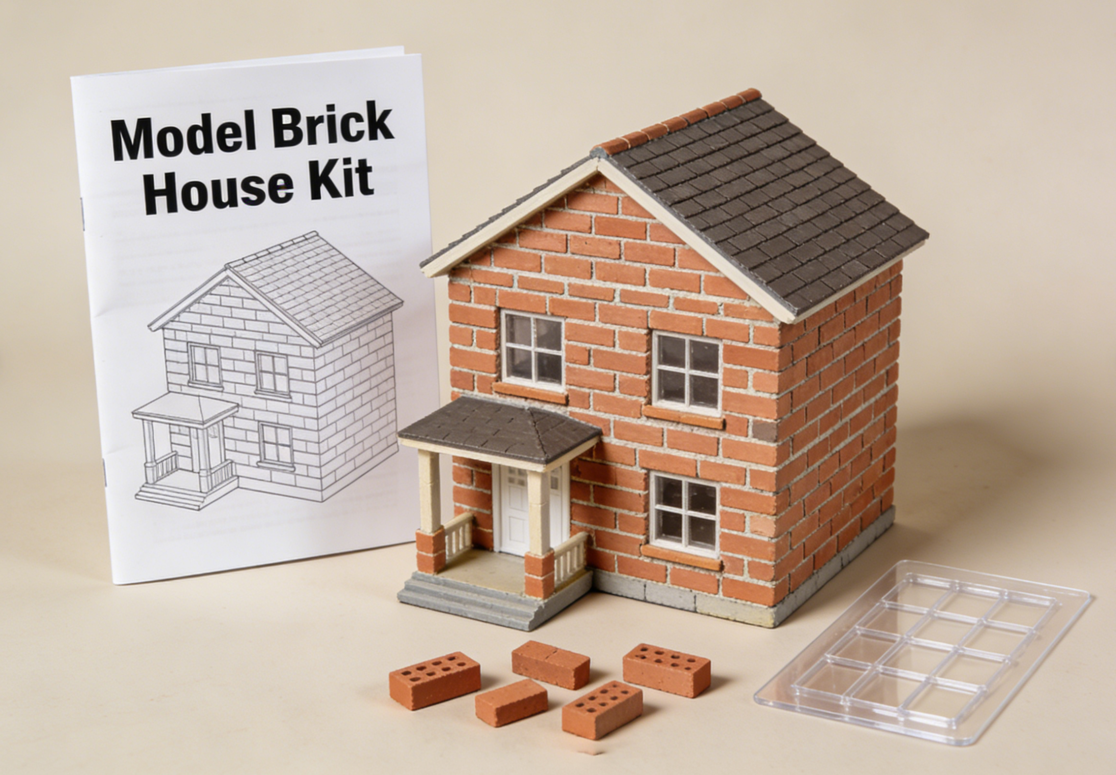 A beautifully detailed miniature model of a brick house, showcasing the realism achievable with model brick house kits