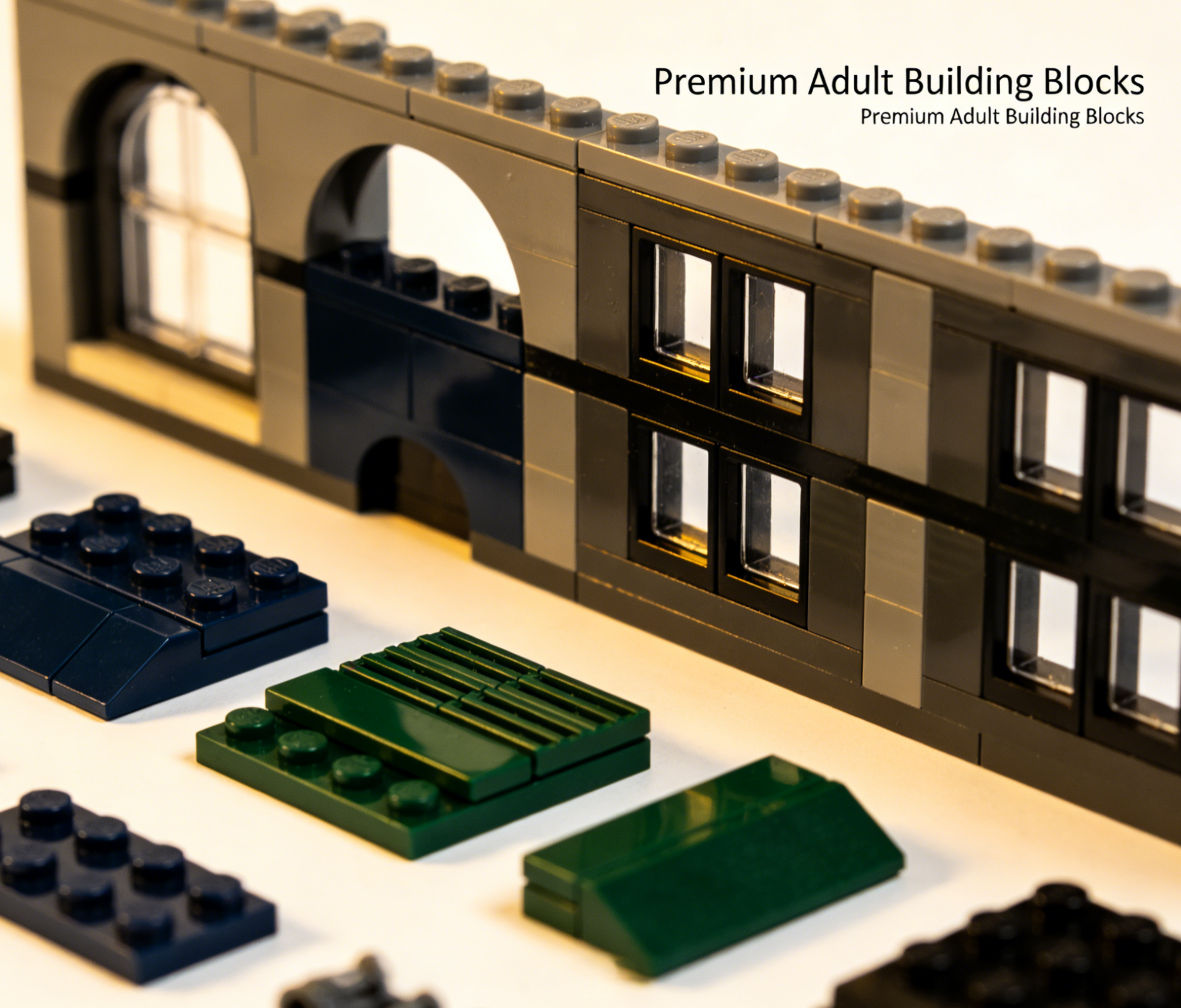 Adult hands carefully assembling a complex building block set, showcasing intricate details and focus
