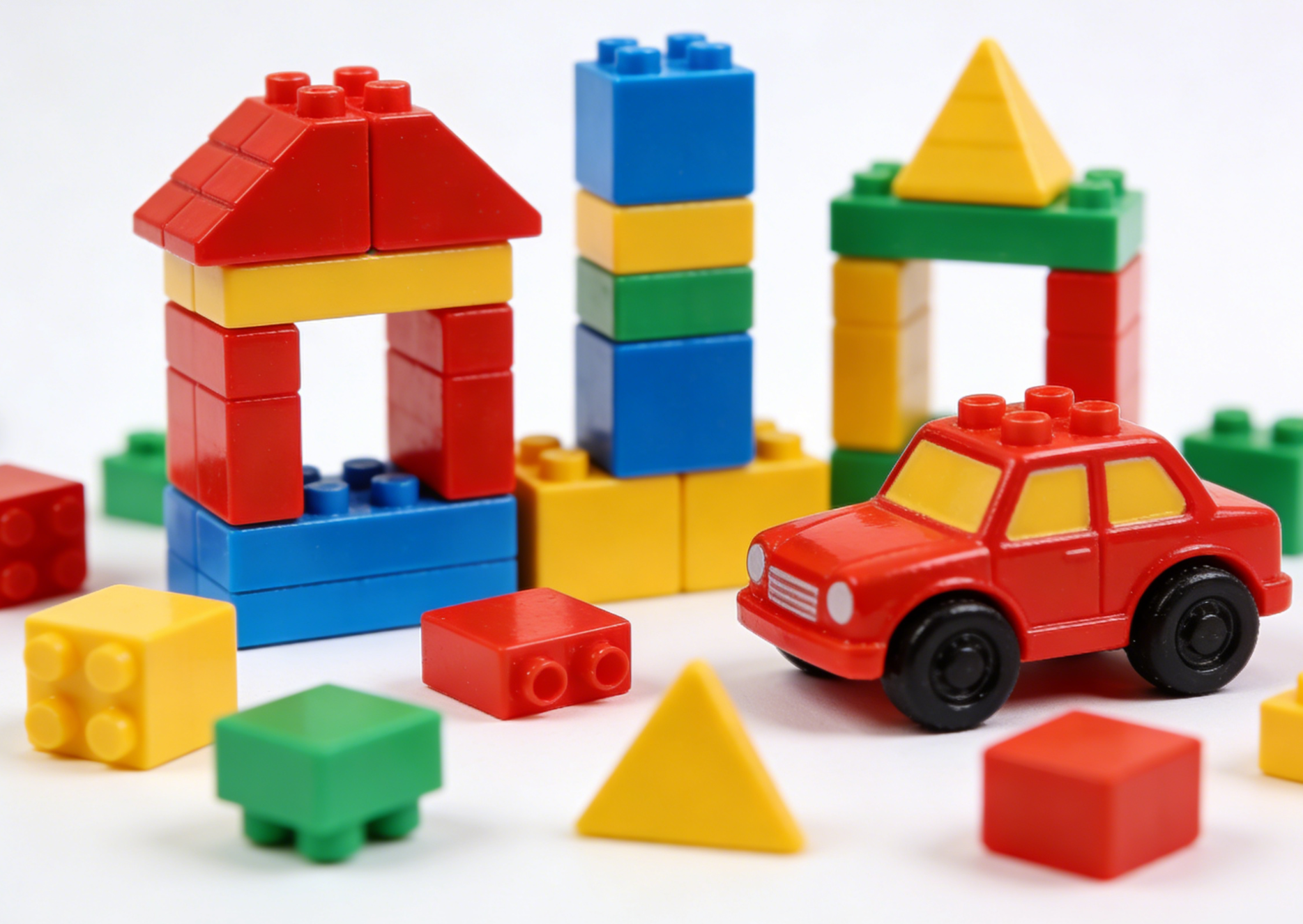 A collection of colorful mini building block sets creating intricate models on a table, ready for assembly