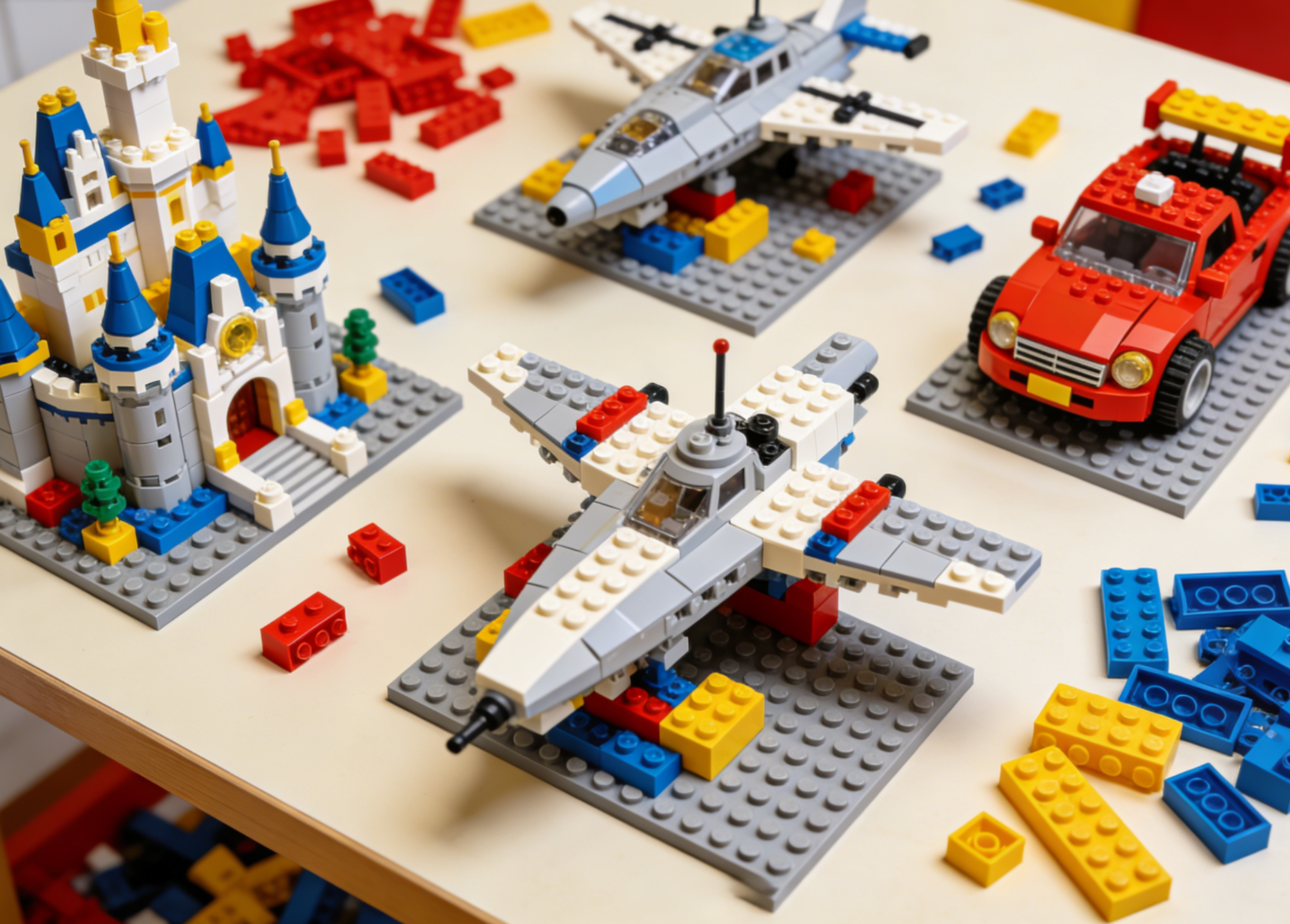 Colorful building block sets scattered on a table, ready for assembly