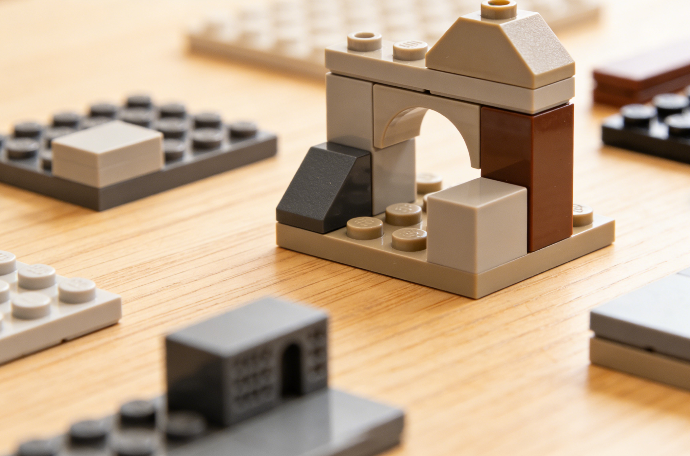 Colorful building blocks arranged on a table, resembling popular construction toys