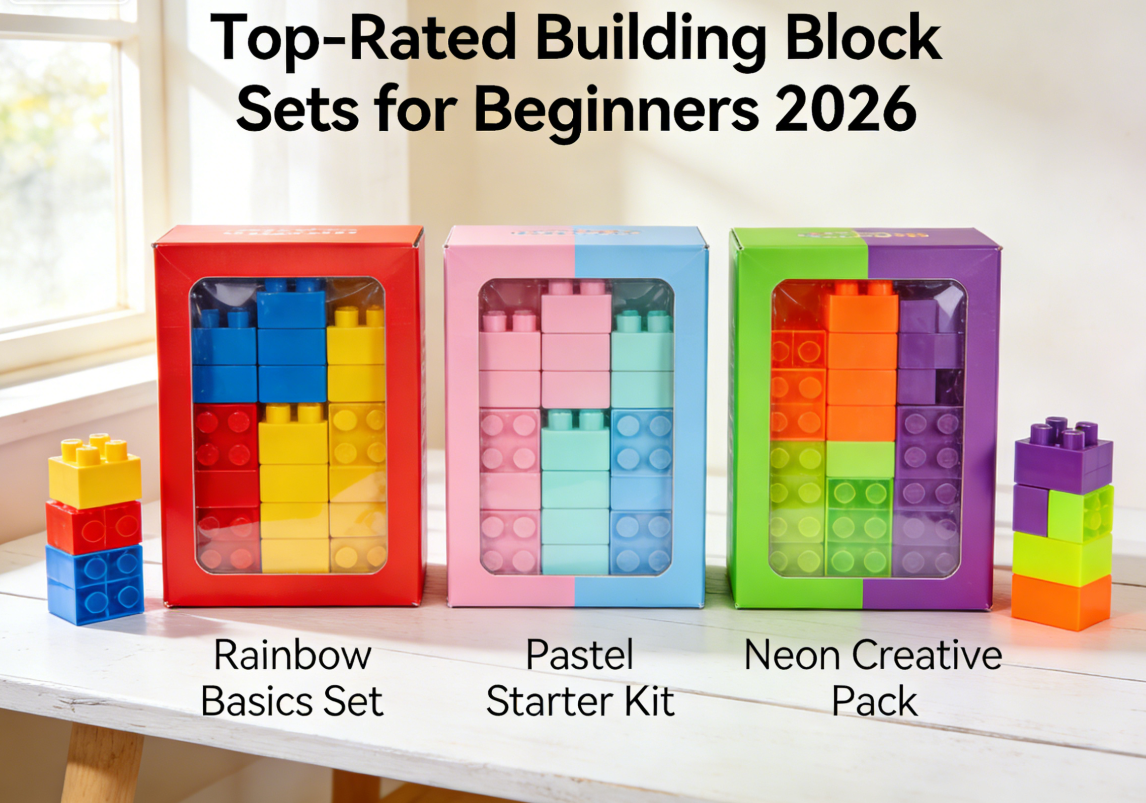 Happy child playing with a vibrant building block set on a colorful mat