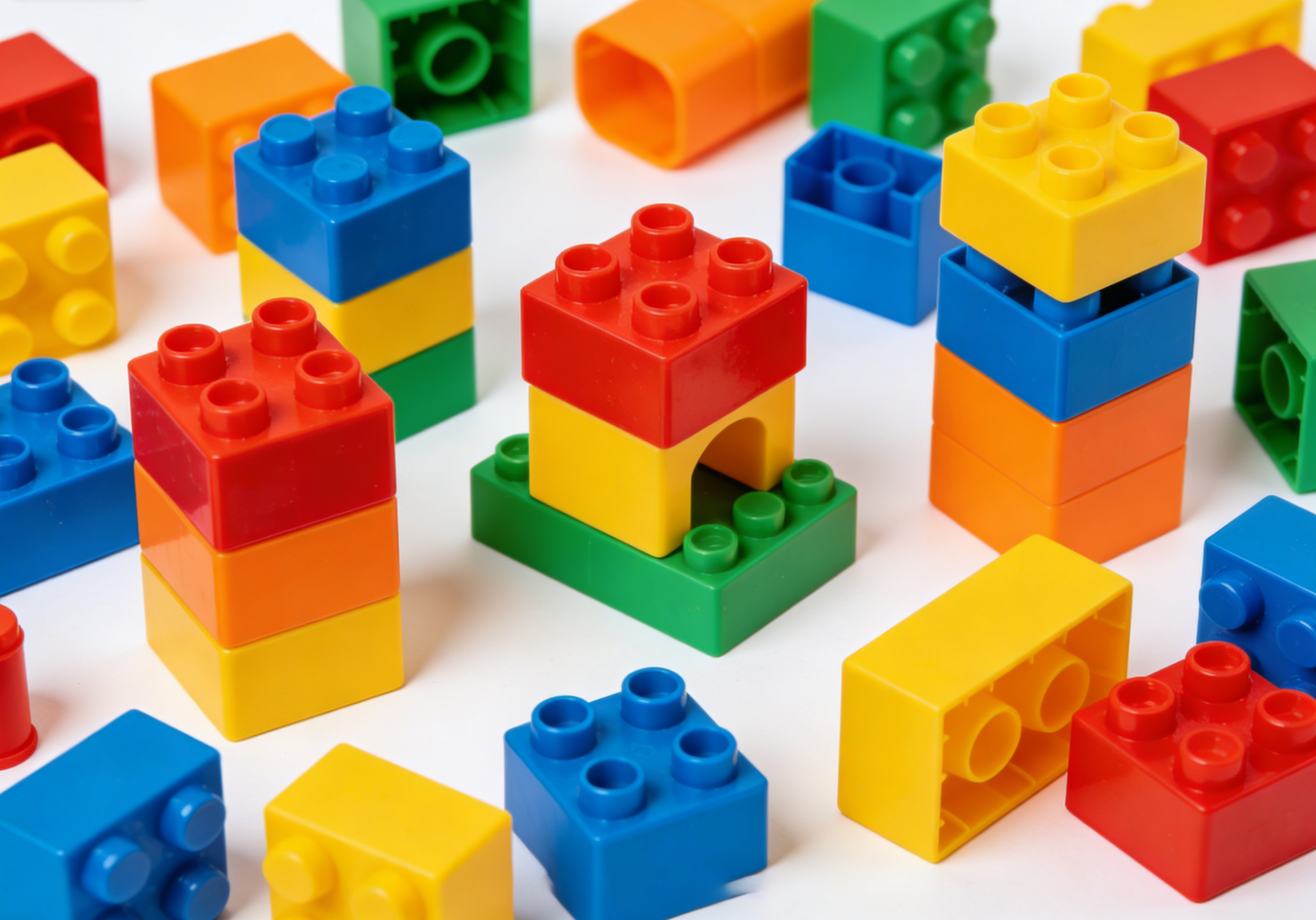 Colorful block building sets scattered on a wooden table, inspiring creativity