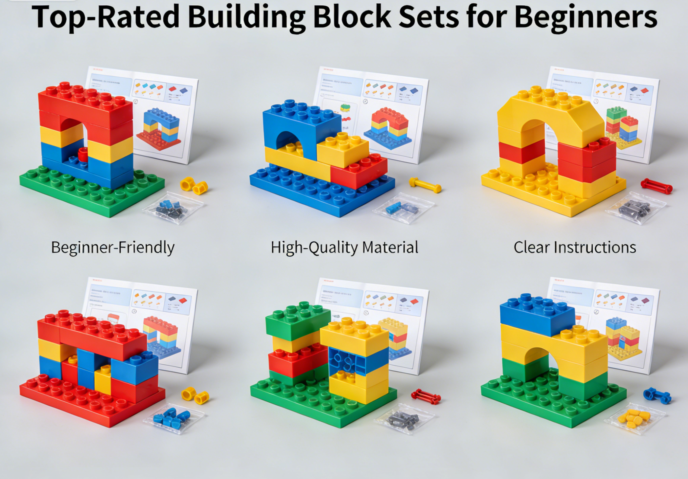 Colorful building blocks for beginners on a wooden table with a child's hands reaching for them