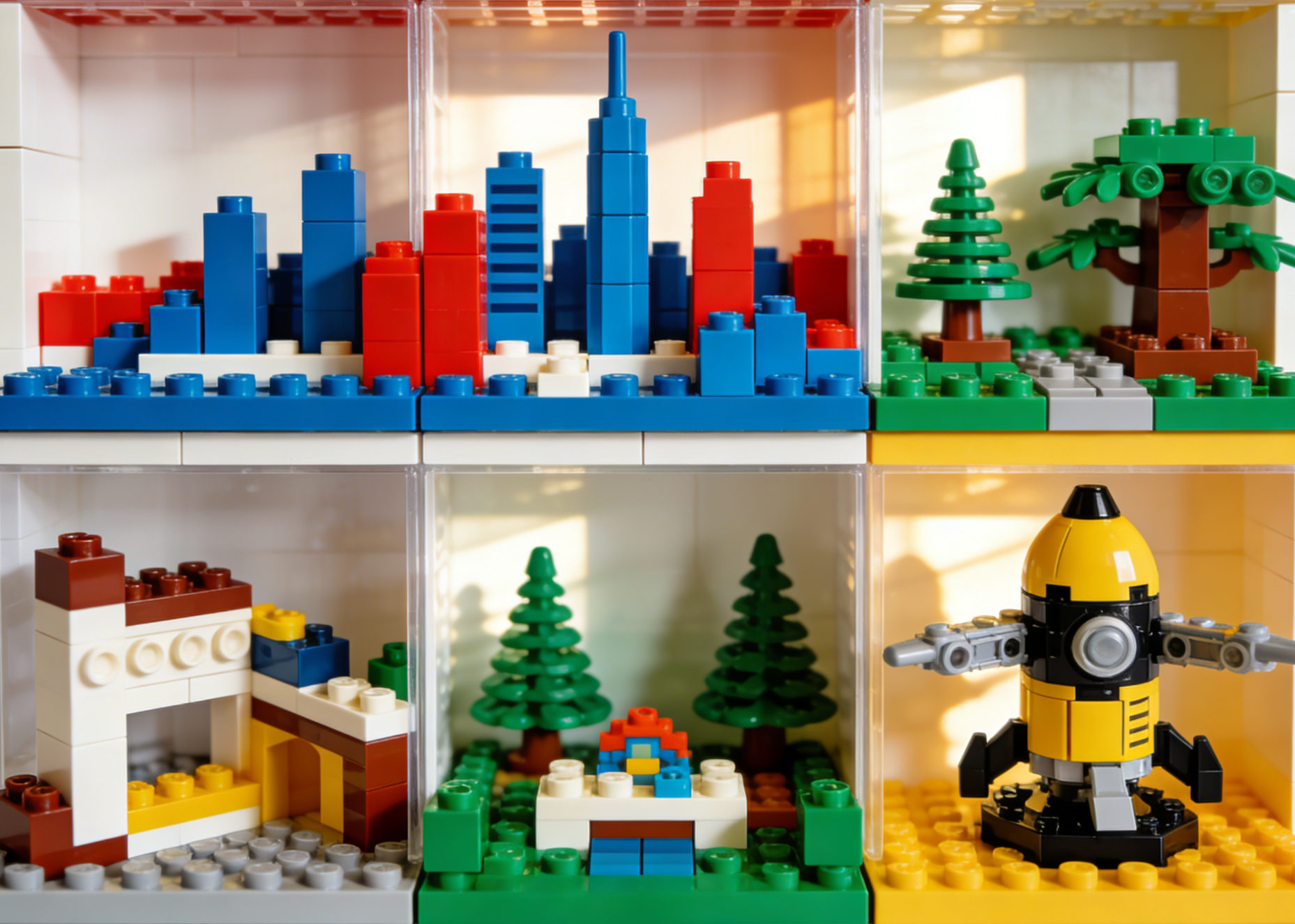 An intricately built LEGO model of a futuristic city with skyscrapers and flying vehicles displayed on a table