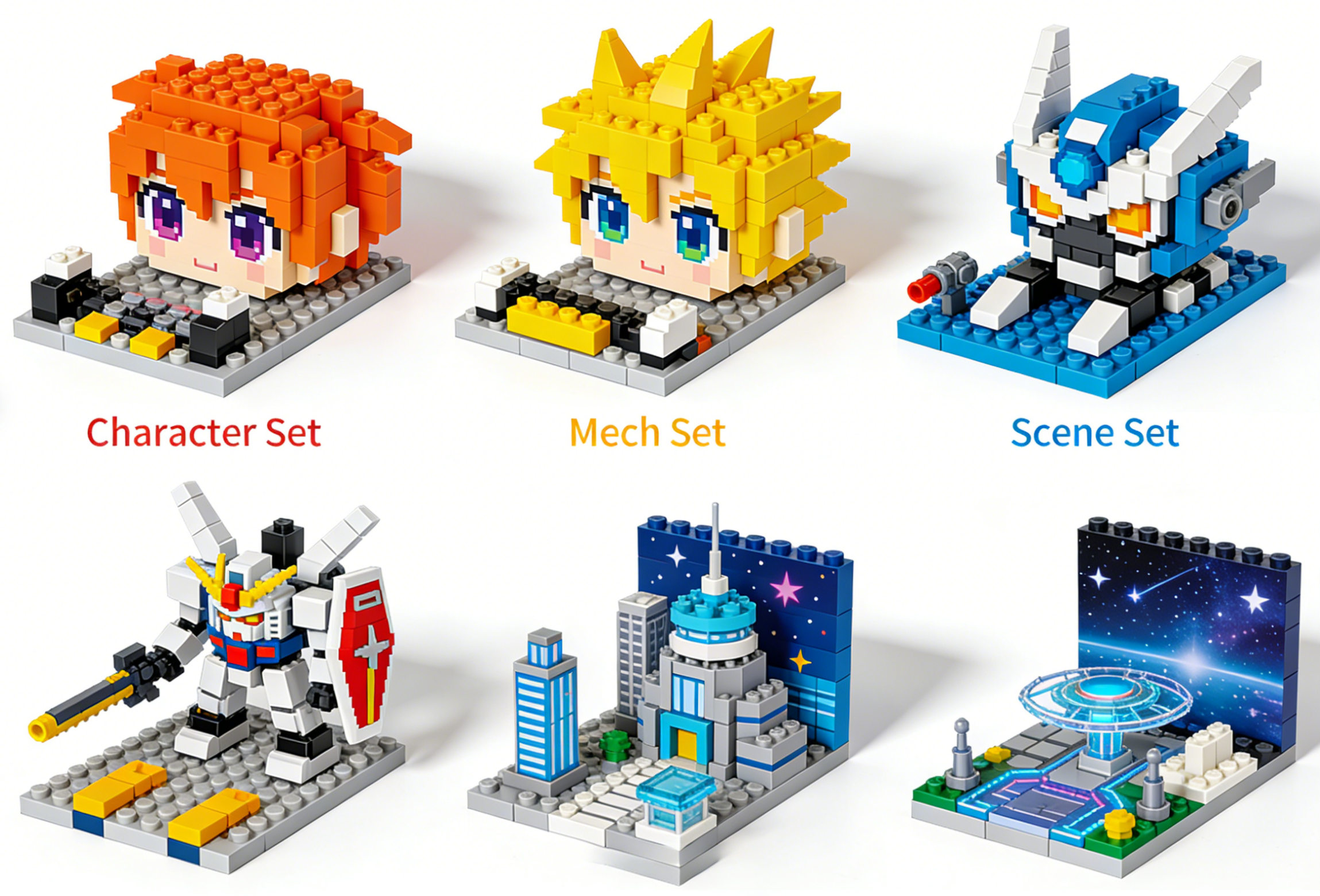 Anime character building blocks displayed on a shelf