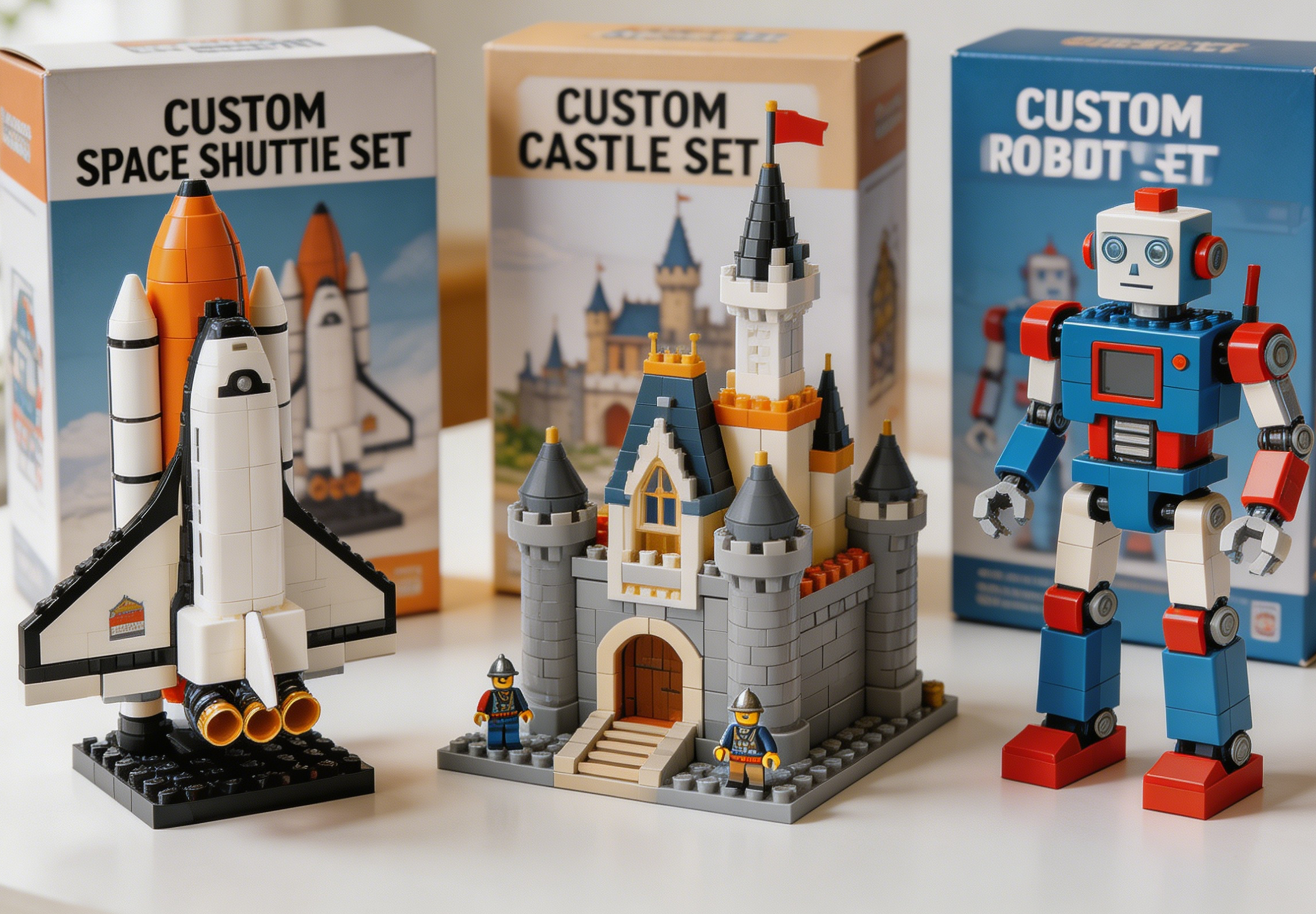 Children and adults engaging with custom building block sets, showcasing creativity and design possibilities