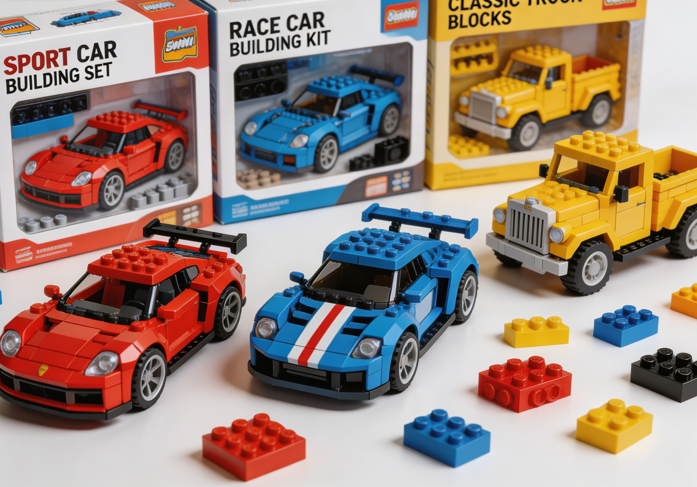 A collection of intricately built car models made from building blocks, showcasing various designs and colors on a clean background.