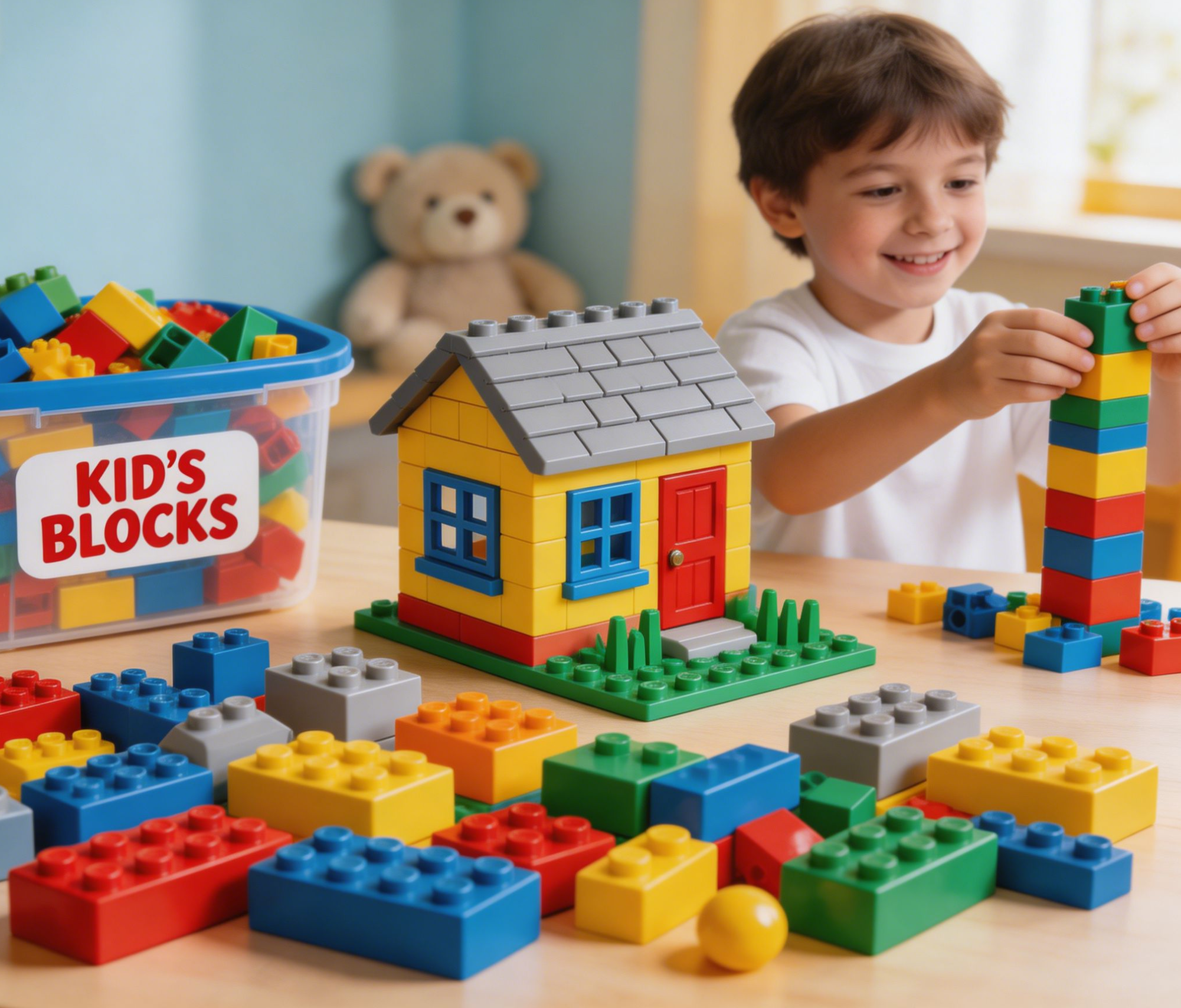 Children happily playing with colorful building block sets