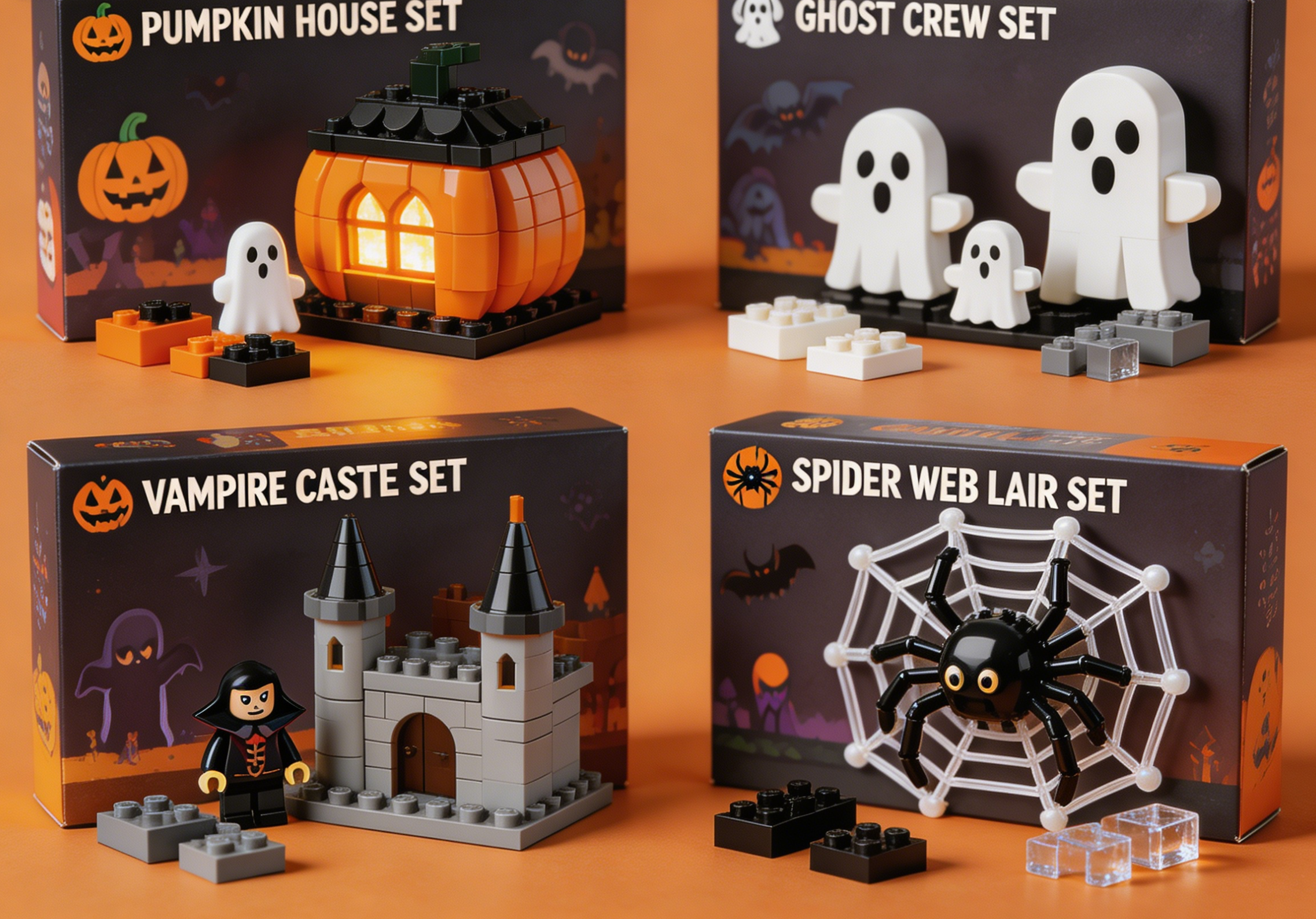 A whimsical haunted house made from halloween building block sets, surrounded by pumpkins and ghoulish figures.