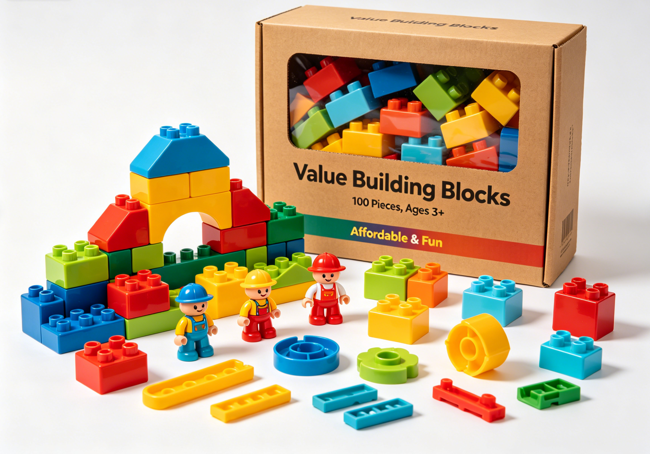 A child happily playing with colorful building blocks, symbolizing creativity and affordable fun.