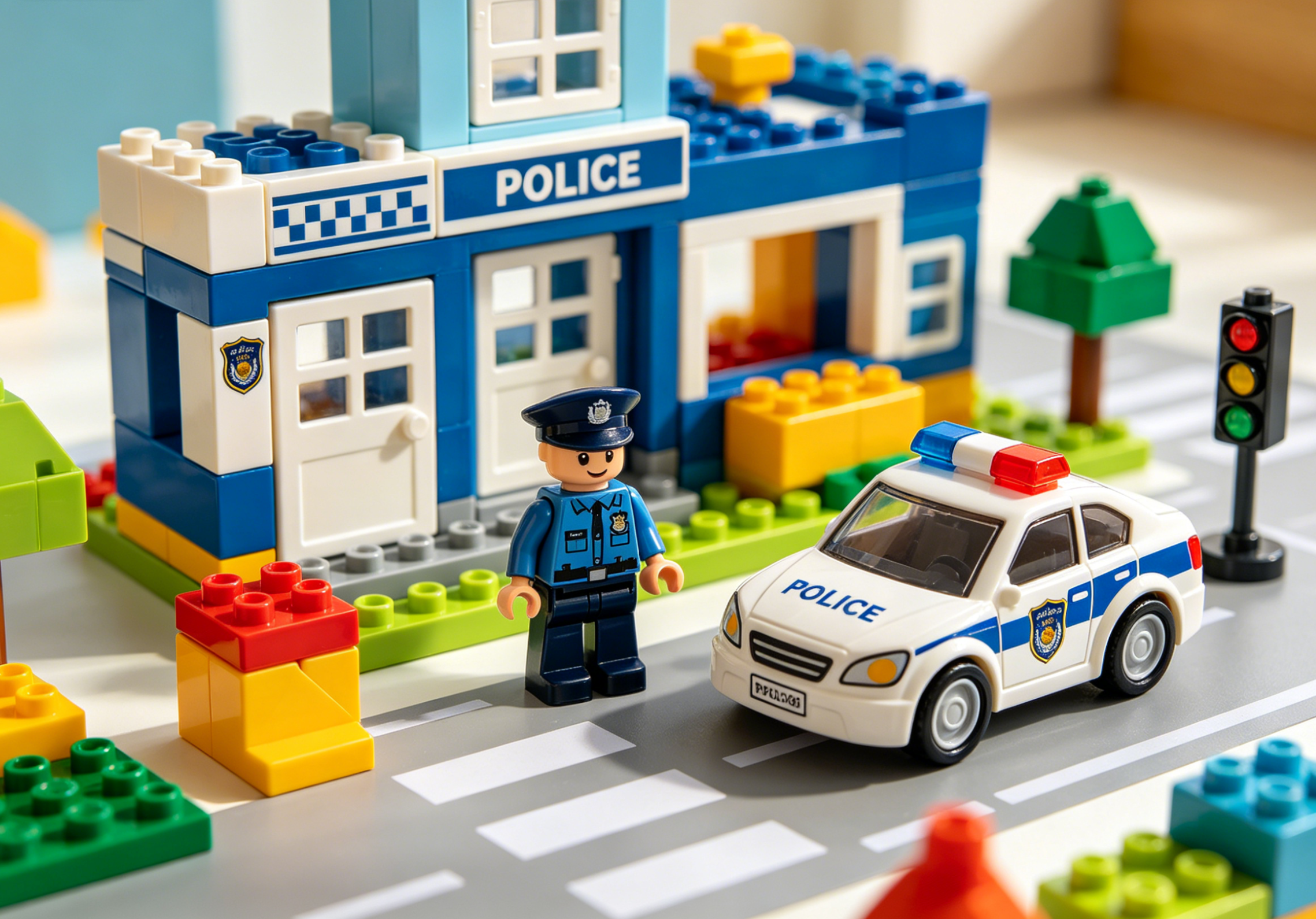 A detailed police building block set with a police car, helicopter, and minifigures, representing dynamic play