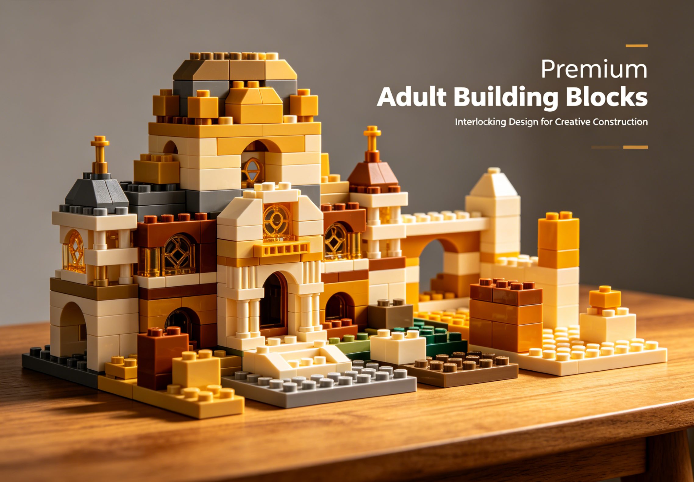 A collection of intricate adult block building sets on display, showcasing architectural models and complex vehicles