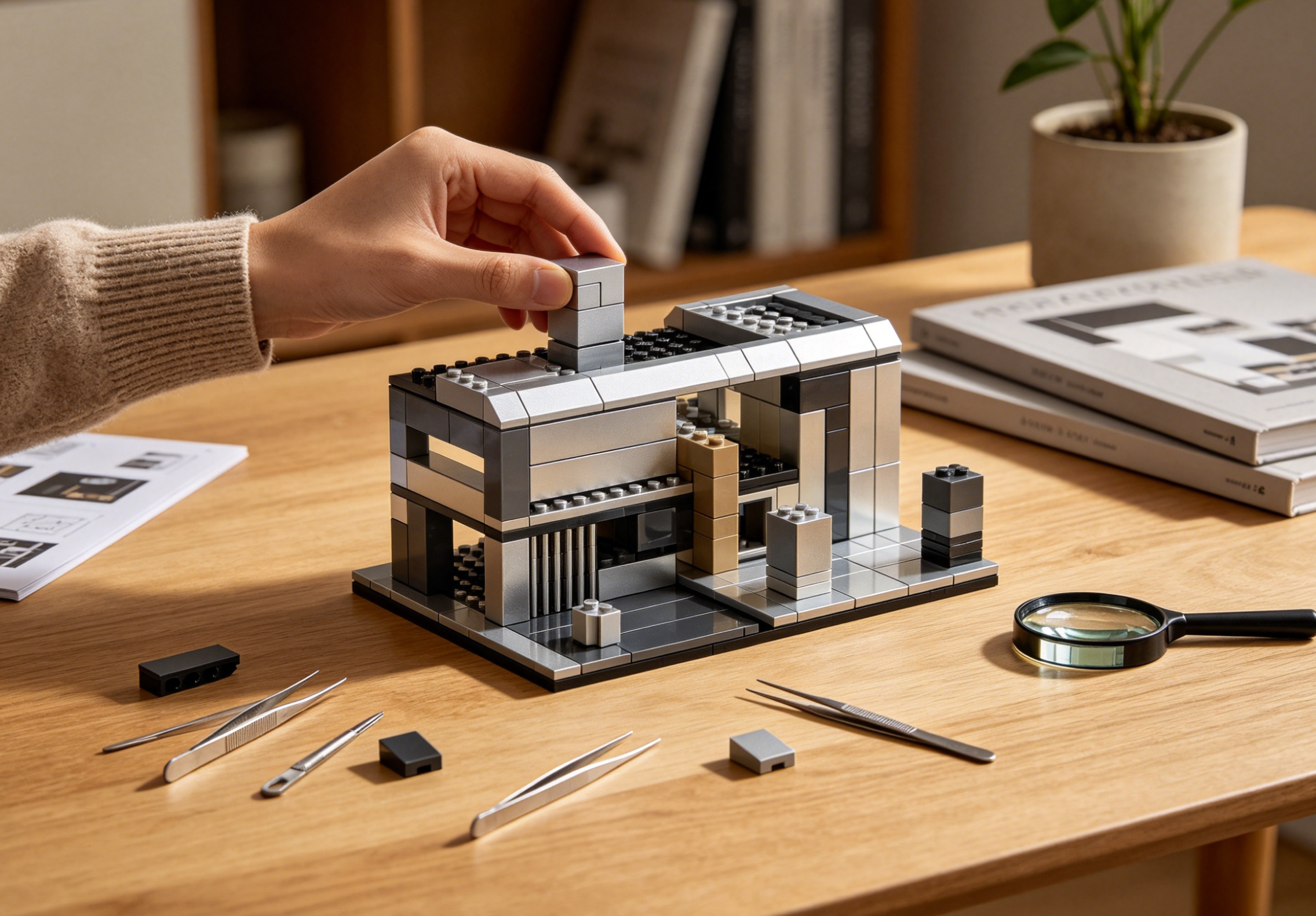 A person meticulously assembling a complex architectural building block set for adults, focusing intently on the detailed instructions and small pieces.