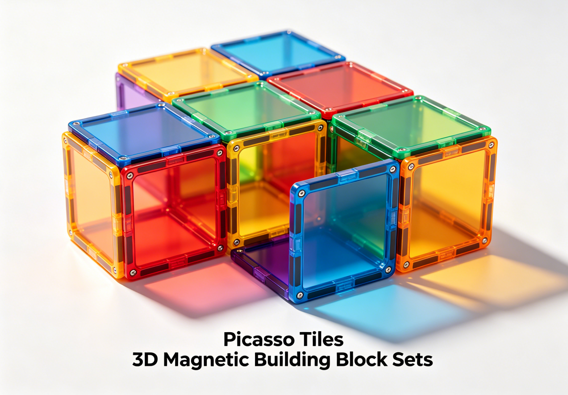 Children building diverse structures with colorful Picasso Tiles 3D Magnetic Building Block Sets on a bright surface
