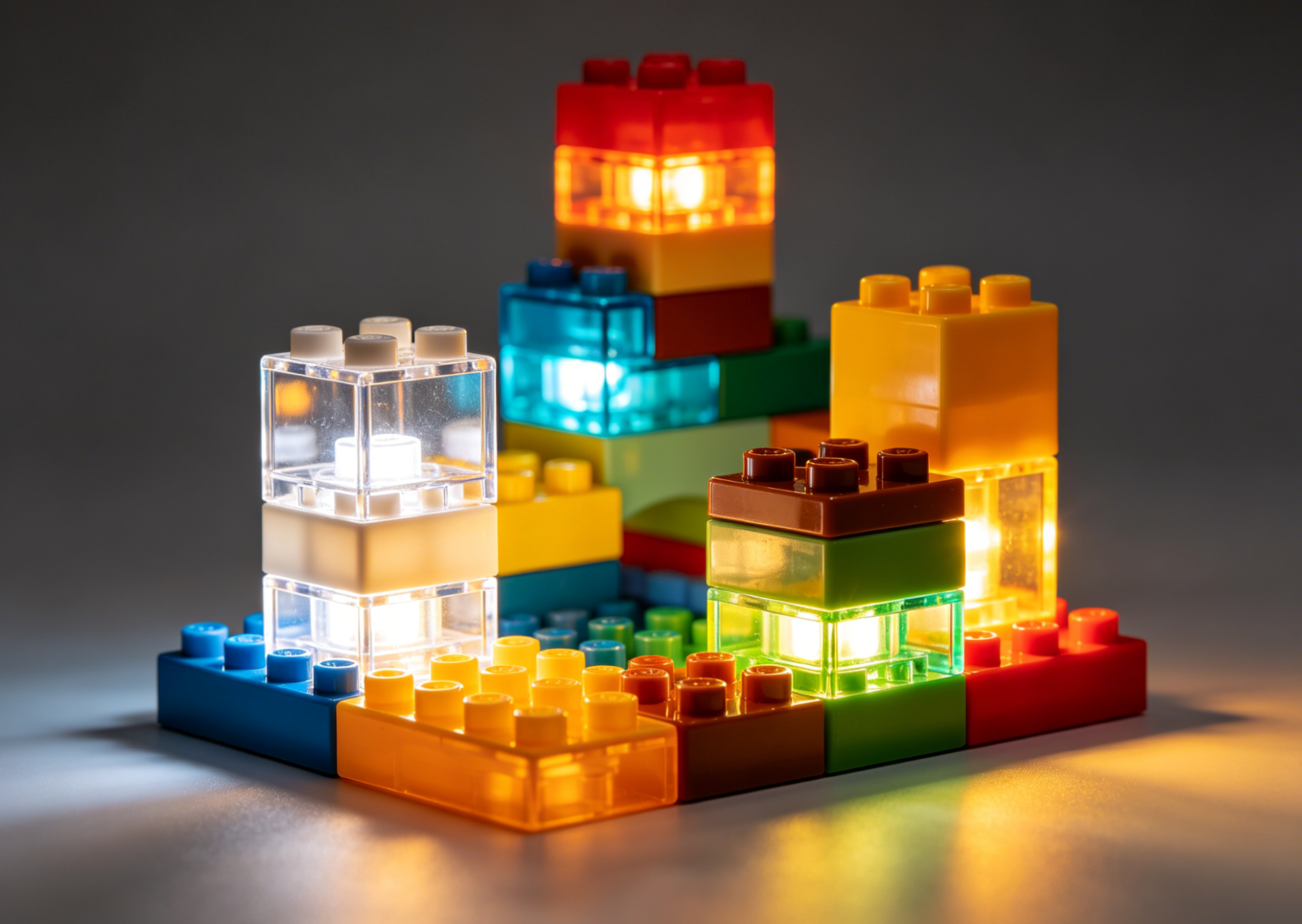 A captivating display of various light up building block sets illuminating a cityscape and space scene