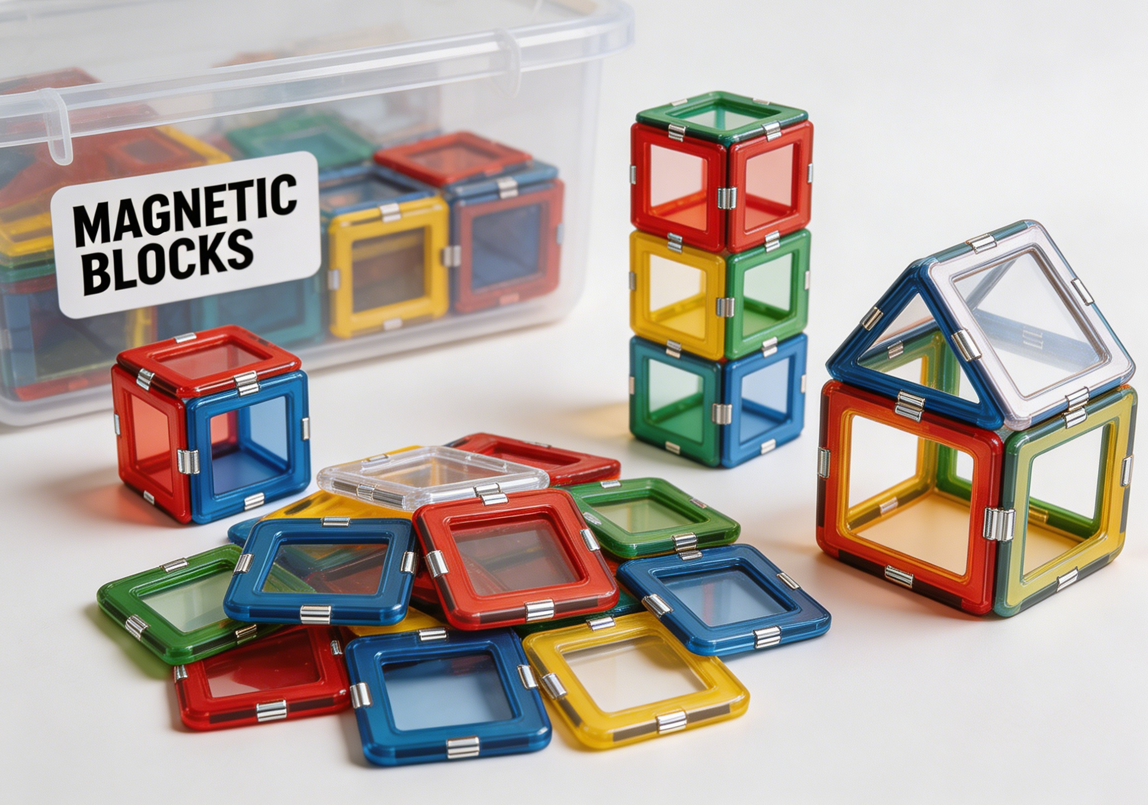 Children playing with colorful magnetic building block sets, creating various structures on a light background.