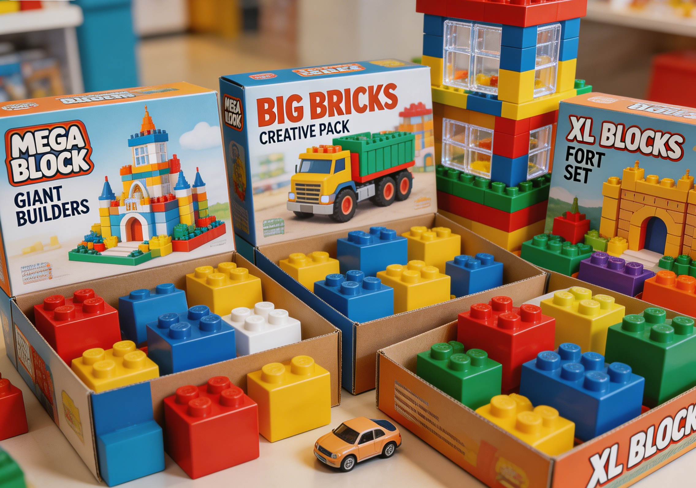 Toddler playing happily with large, colorful building blocks on a rug