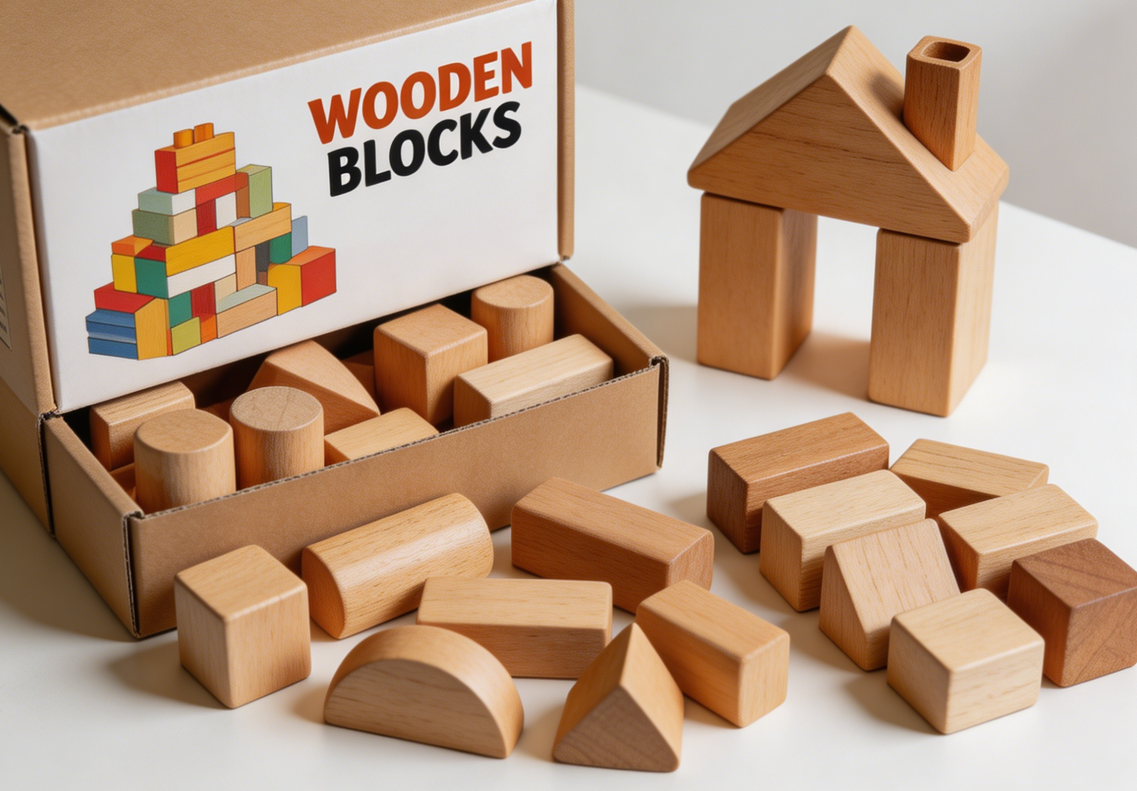Children playing with natural wood building block sets