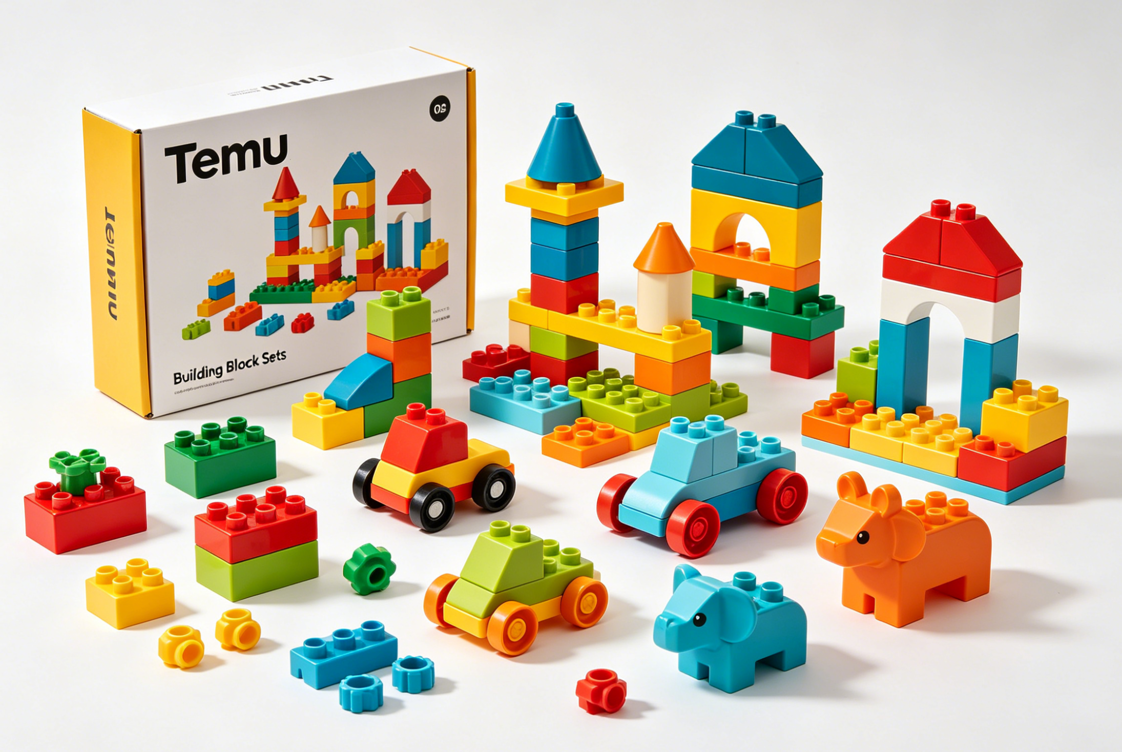 A collection of colorful building block sets on a wooden table