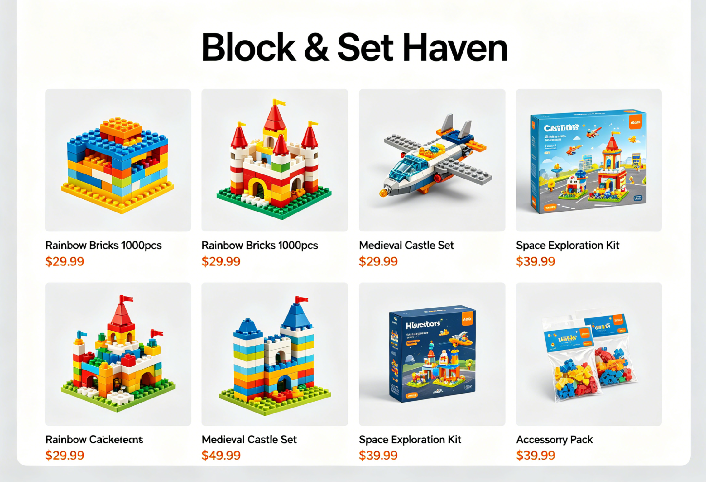 A collection of colorful building block sets displayed on a shelf