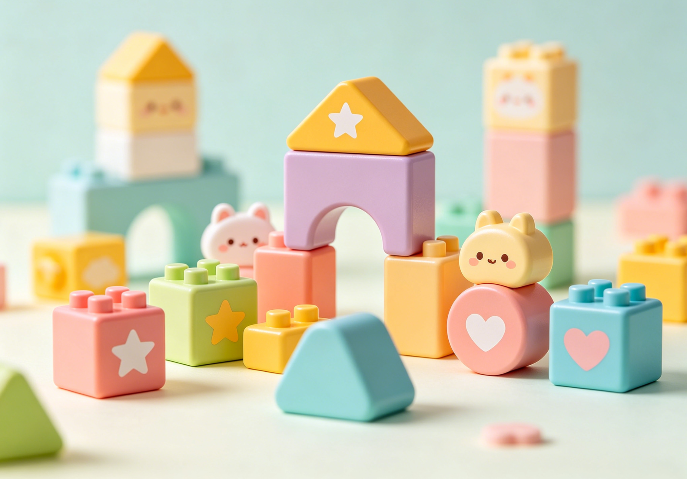 A variety of colorful and cute building block sets displayed on a wooden desk