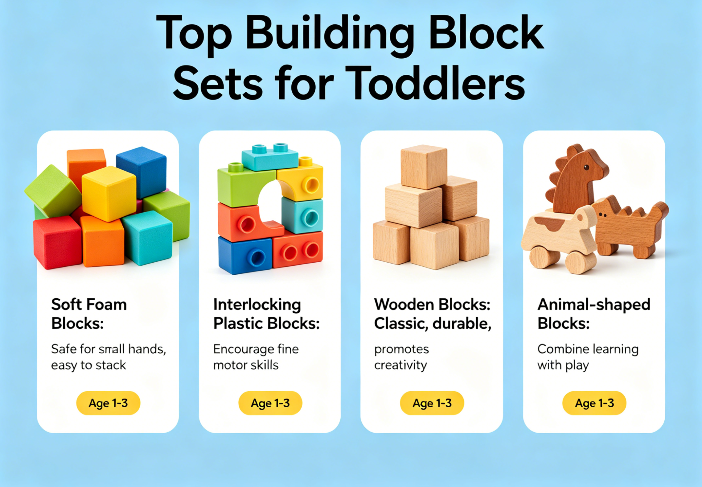 A variety of colorful building blocks for toddlers on a wooden floor