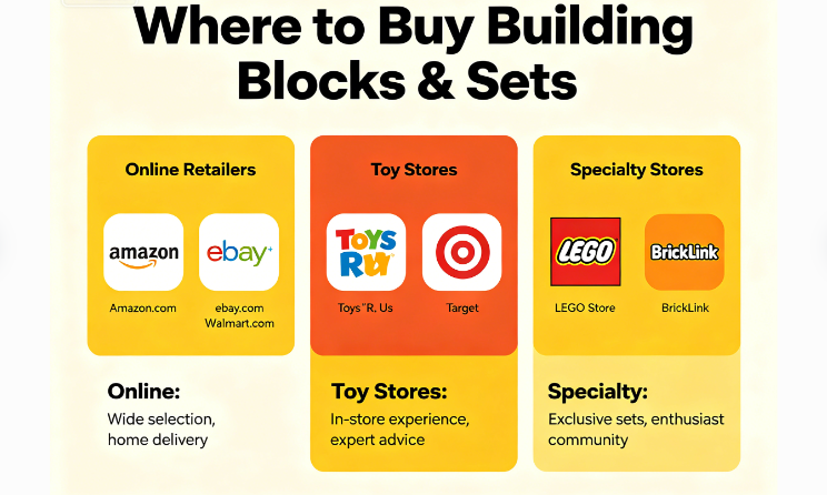 A collection of colorful and intricate building block sets on a display shelf