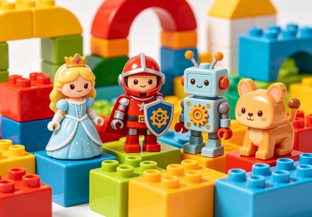 A vibrant collection of building block characters in a miniature city setting