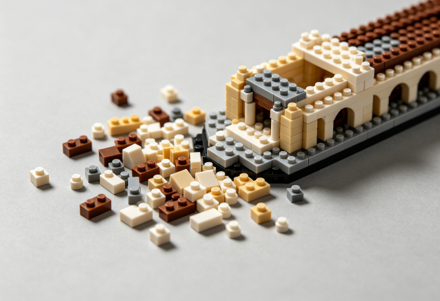 A collection of intricate micro building block sets on a wooden desk