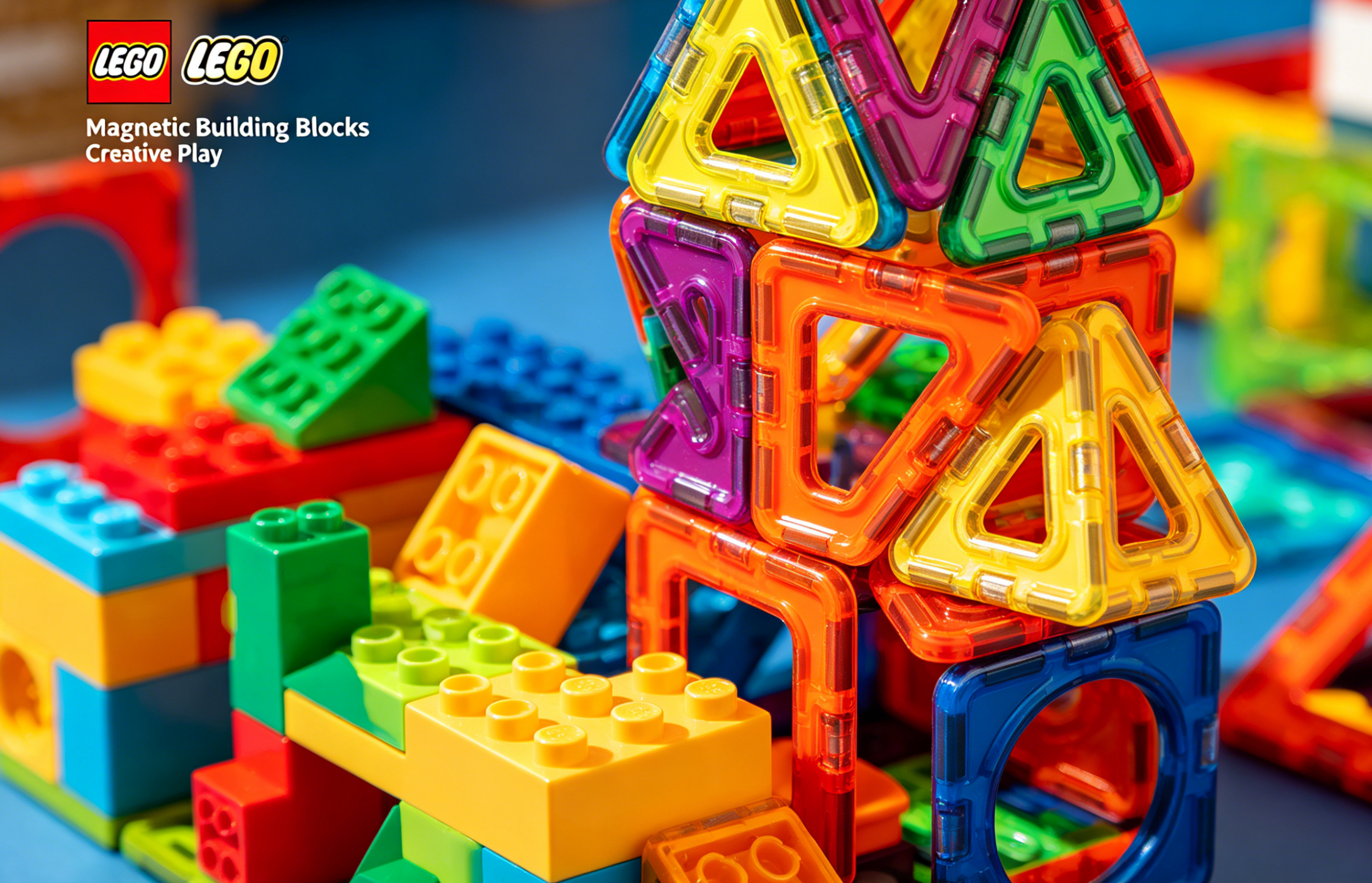 Colorful magnetic building tiles arranged in a creative tower