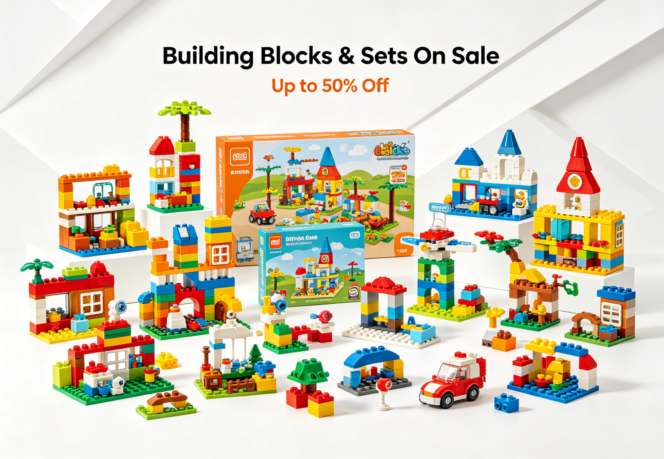 A collection of premium building block sets displayed on a wooden table