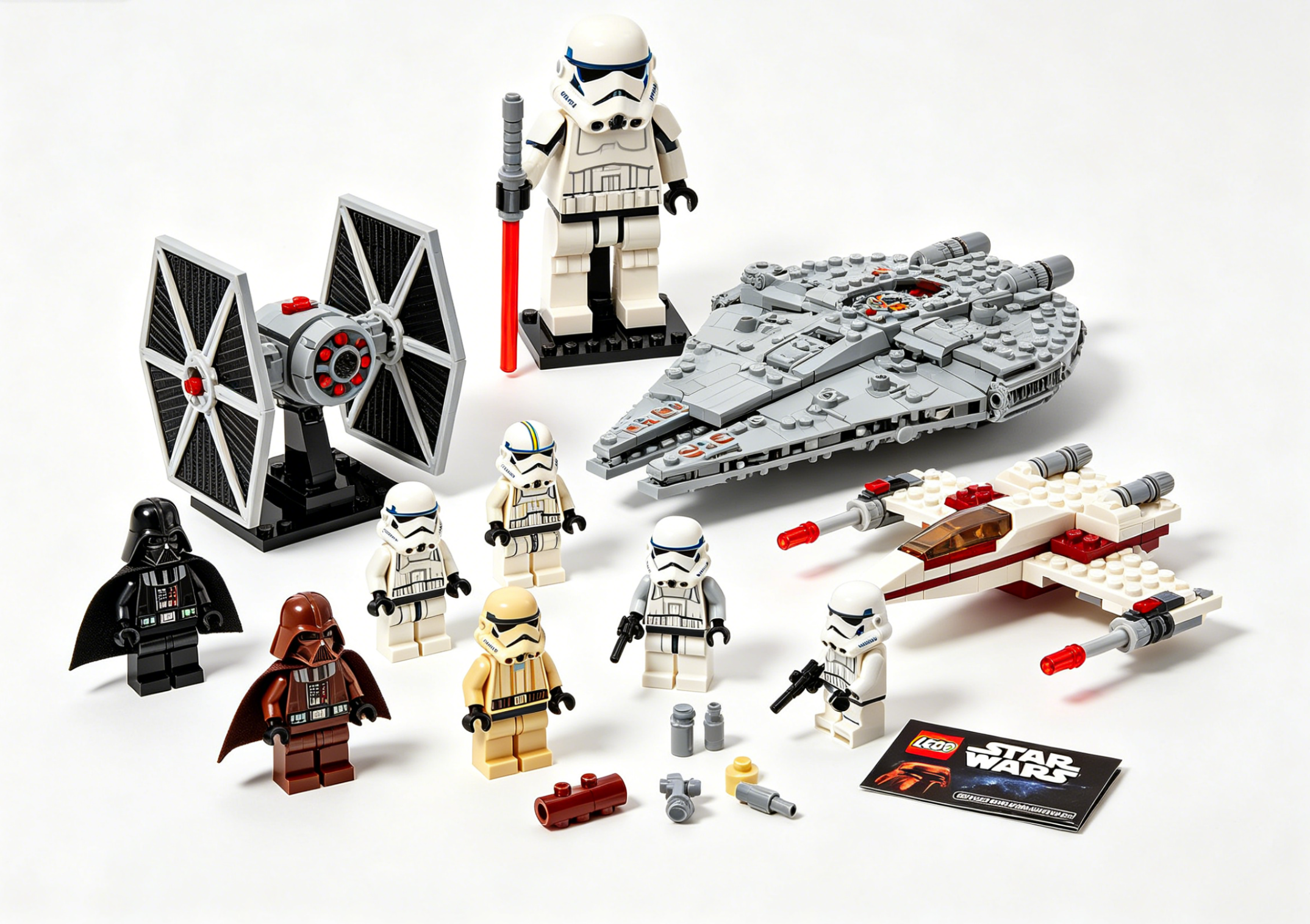 A collection of star wars building block sets featuring spaceships and dioramas