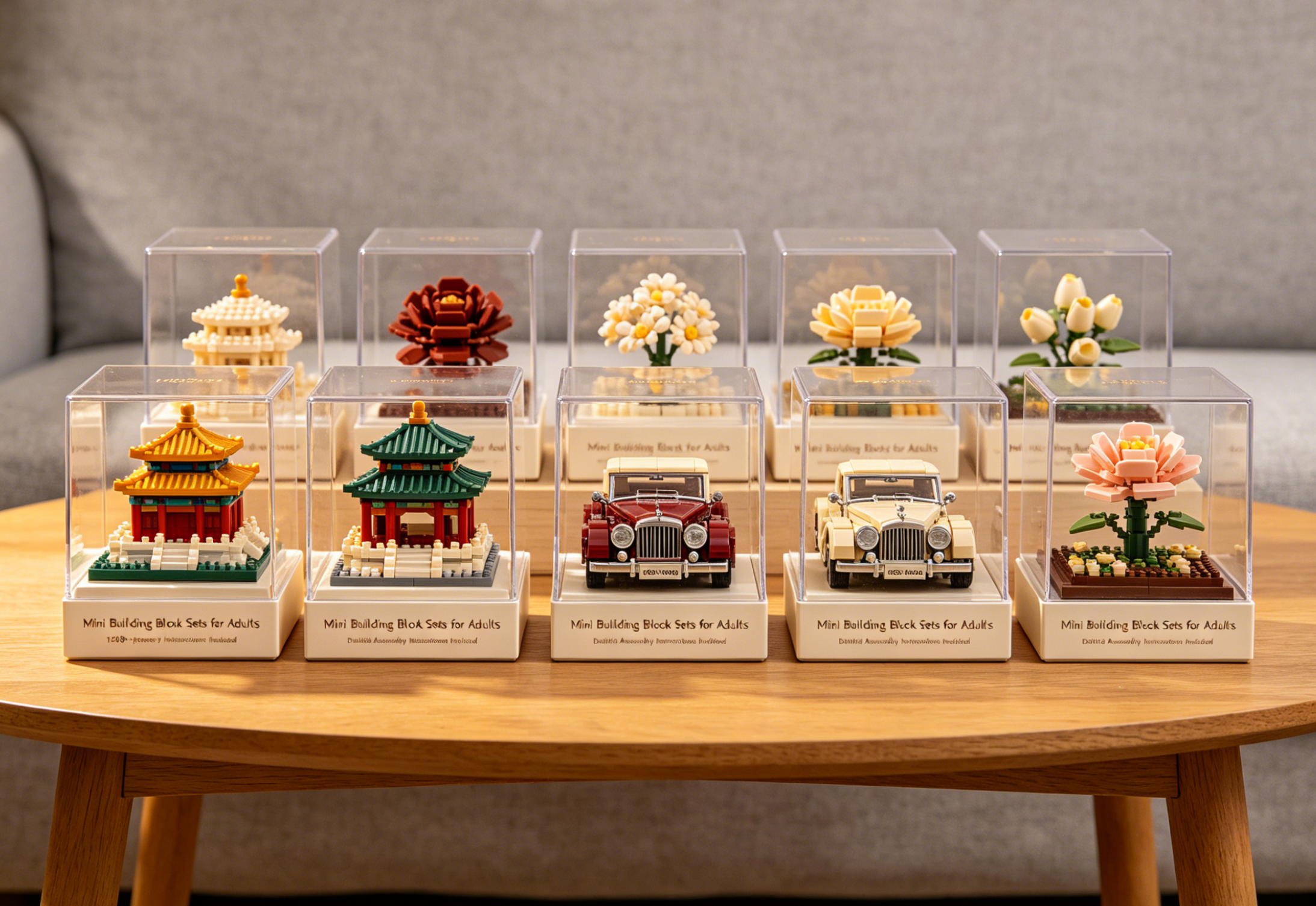 A collection of intricate mini building block sets for adults displayed on a modern shelf