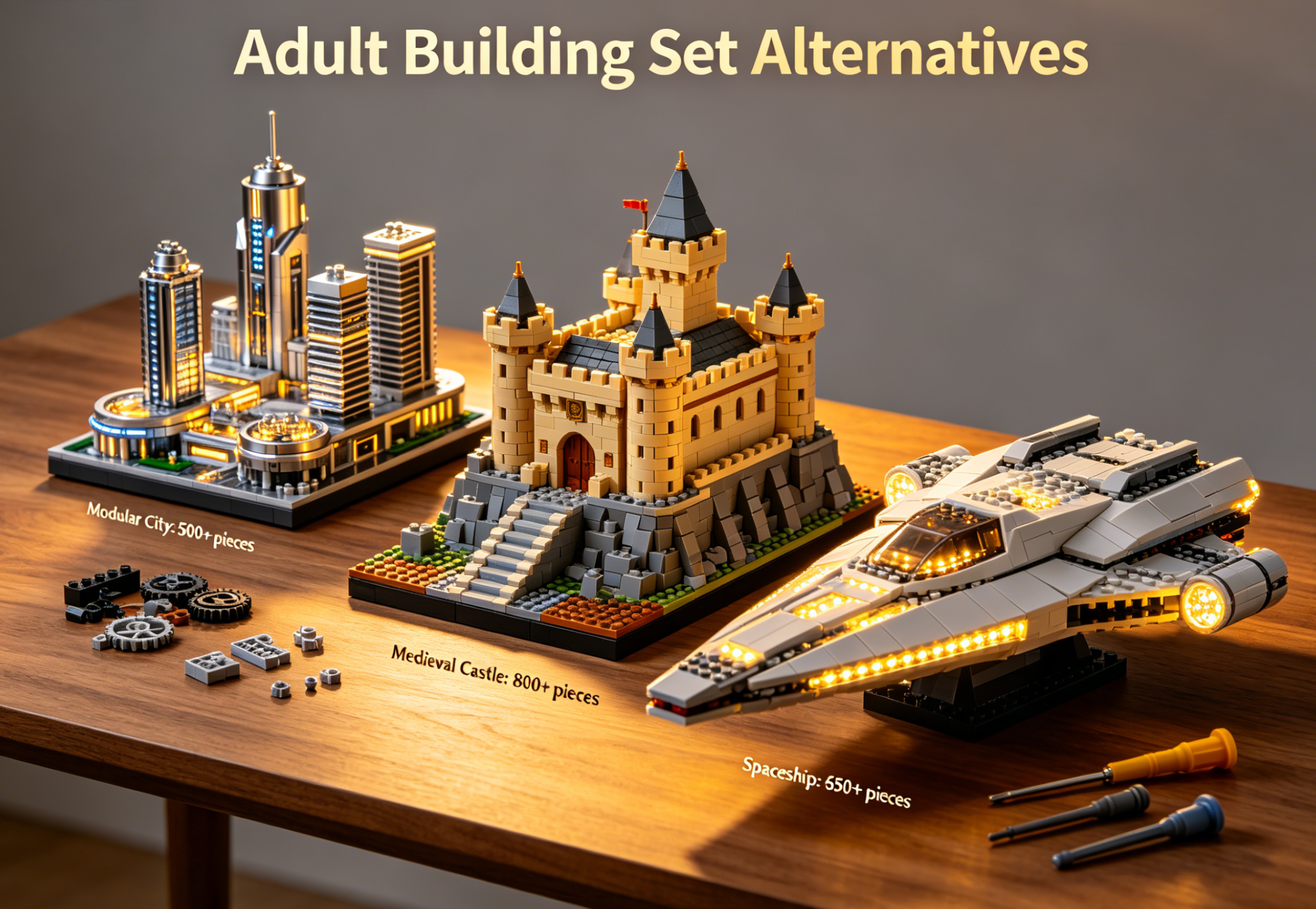 A professional display of intricate building brick models on a wooden desk