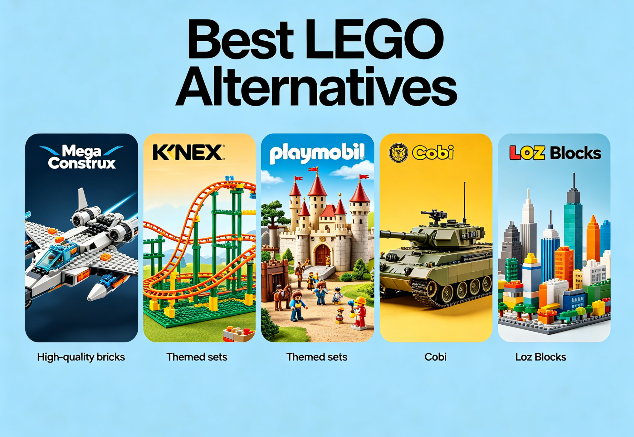 A collection of diverse architectural brick models and intricate building sets on a display shelf