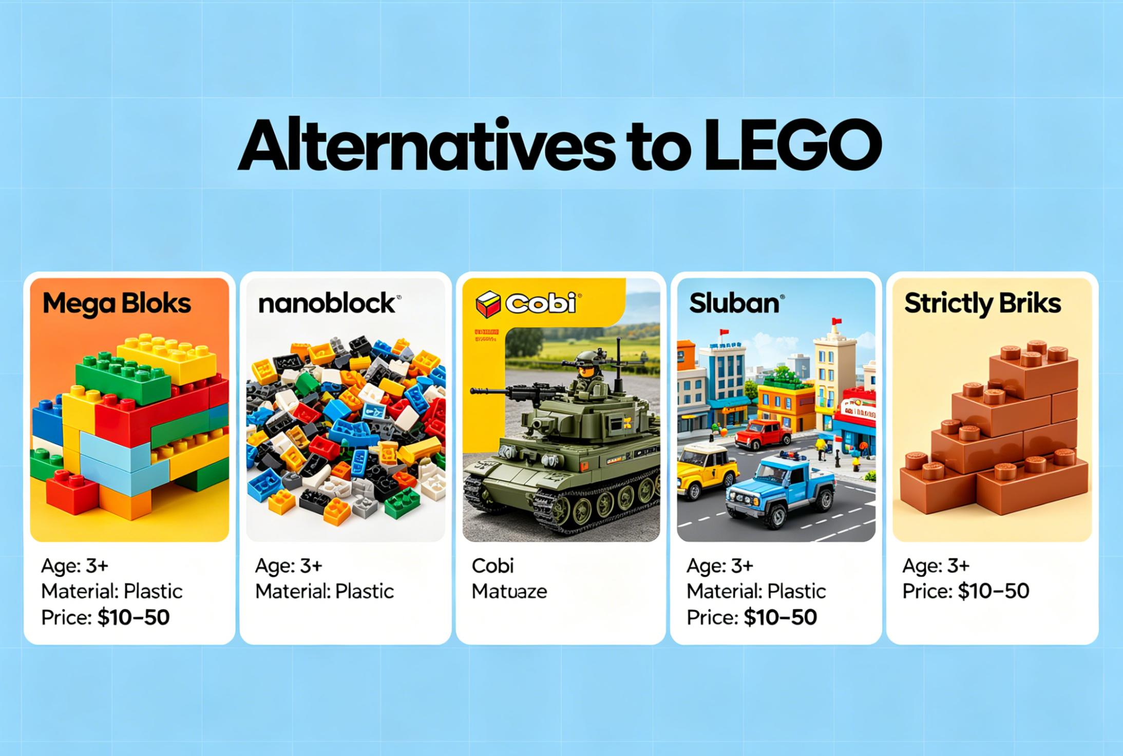 A display of various colorful building brick sets and models on a wooden table