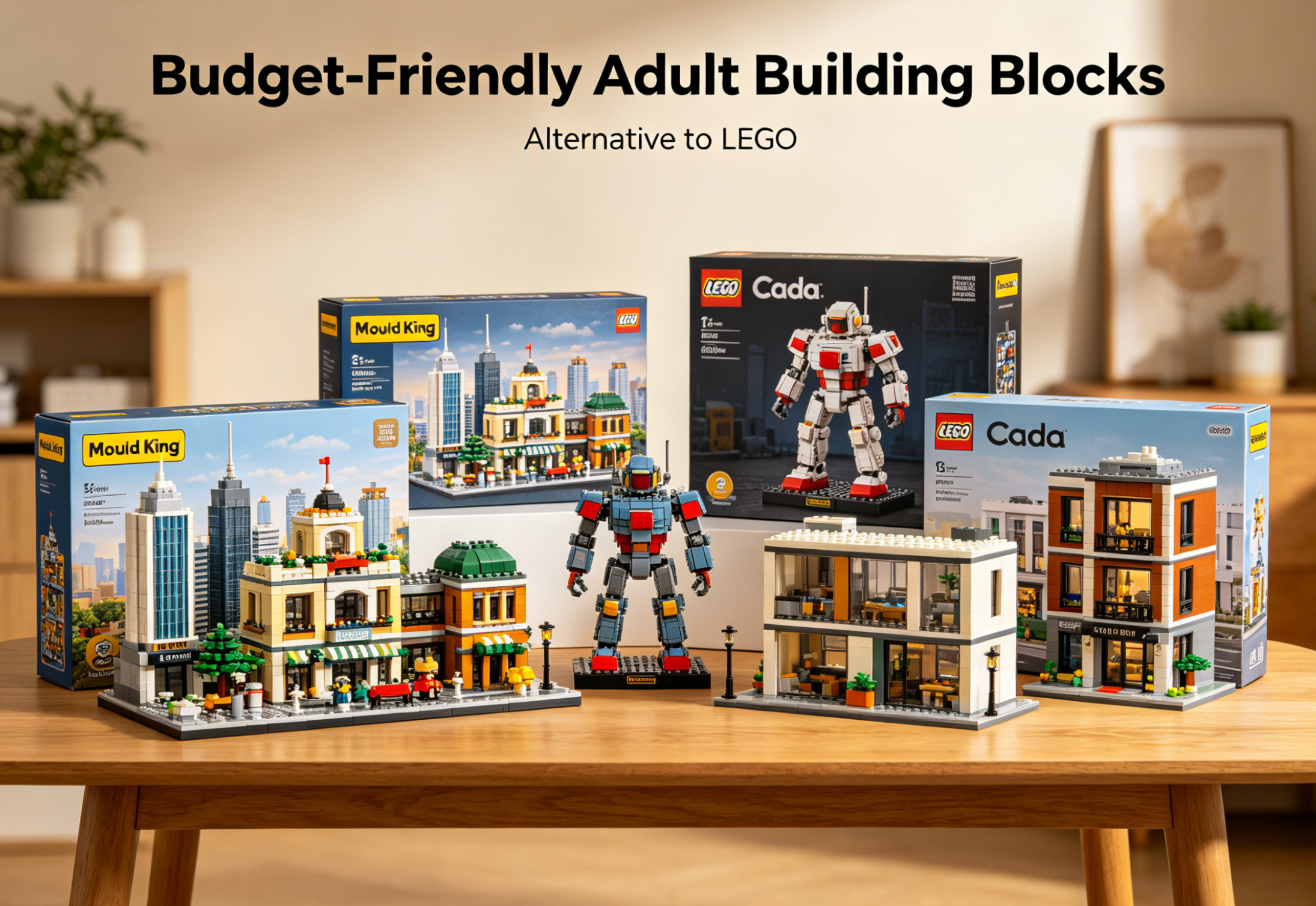 A display of complex, high-quality building block models on a shelf