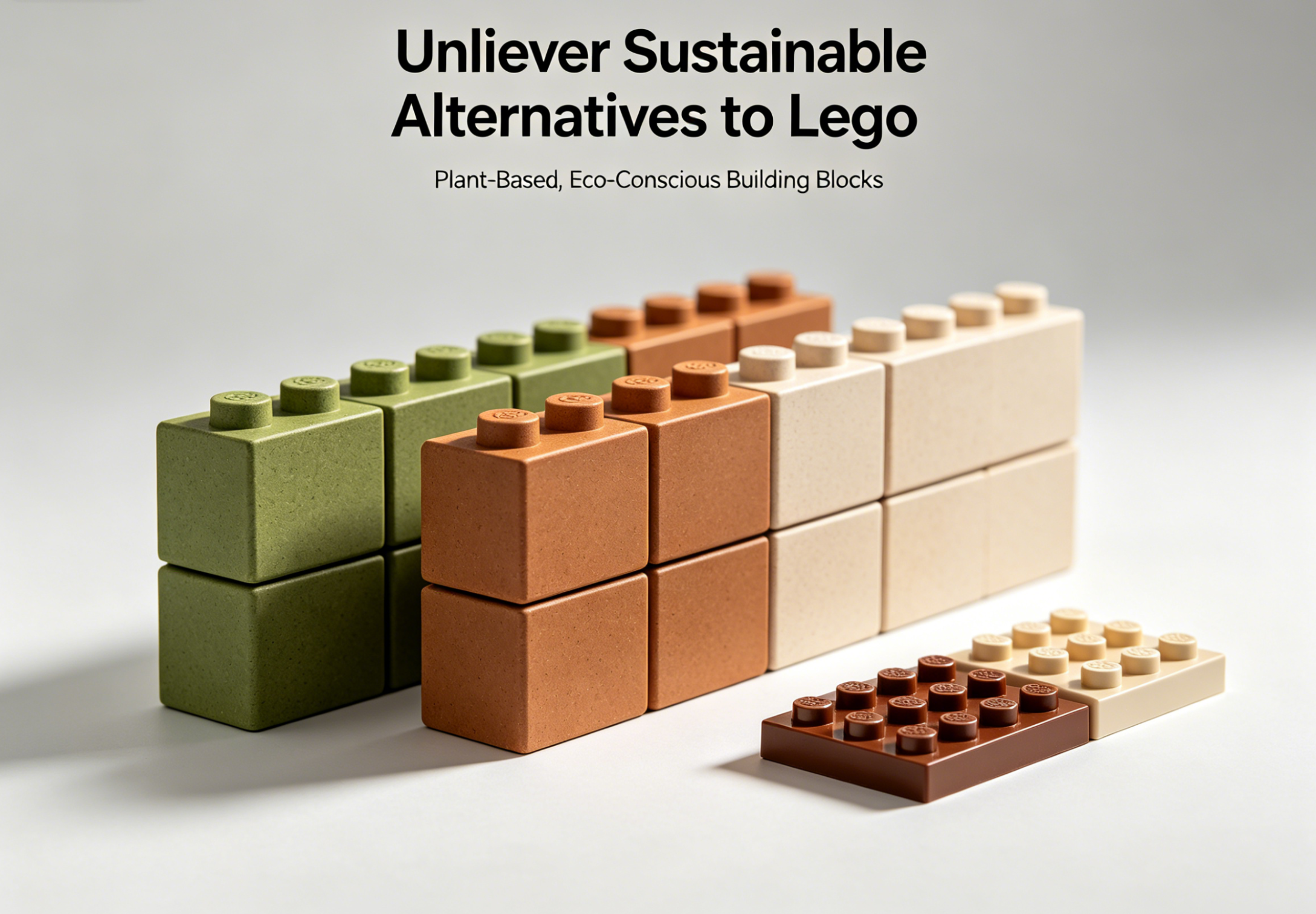 Colorful sustainable building blocks arranged on a clean, modern desk