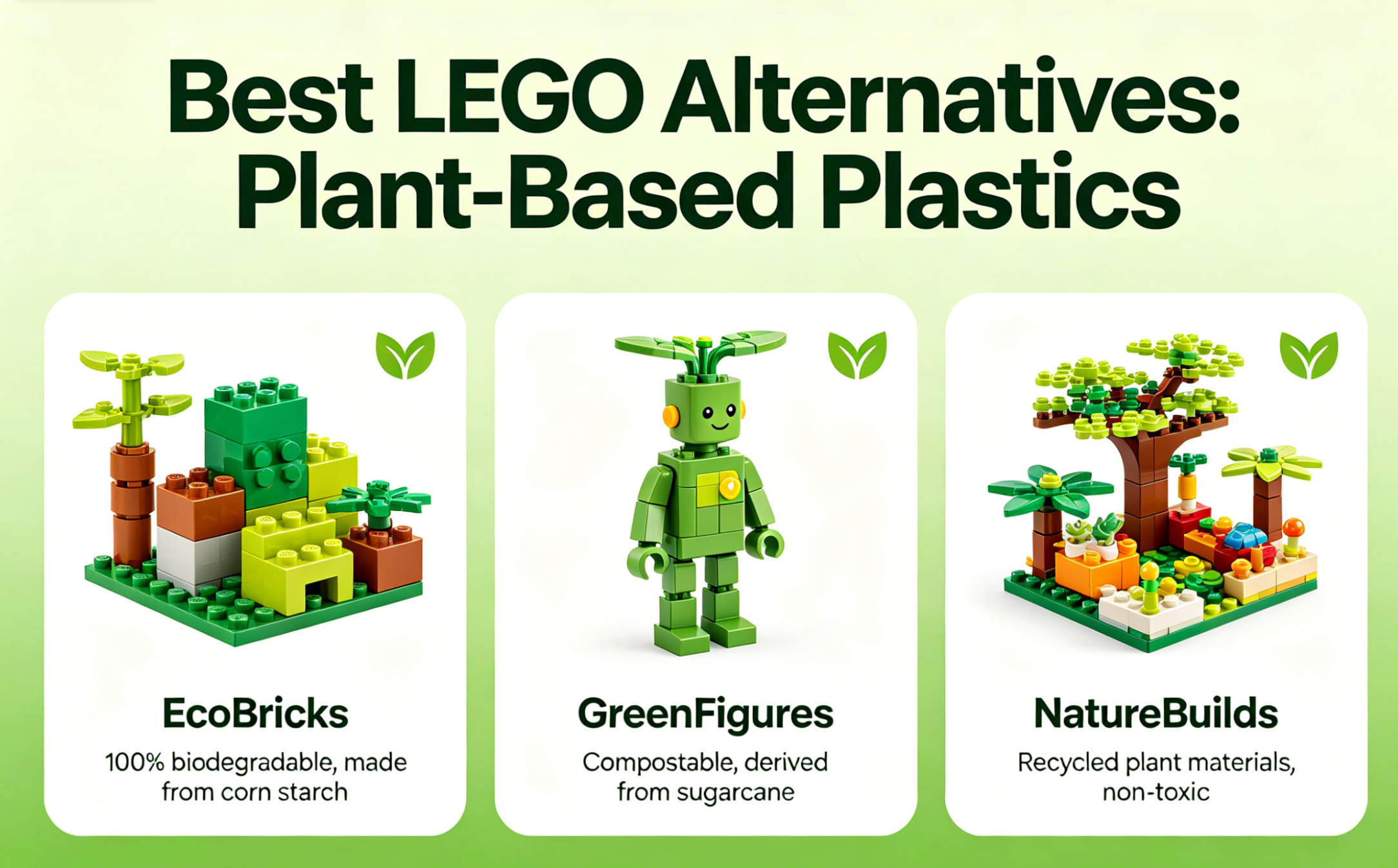 A colorful array of sustainable, plant-based building bricks arranged on a wooden table, representing the future of eco-friendly play.