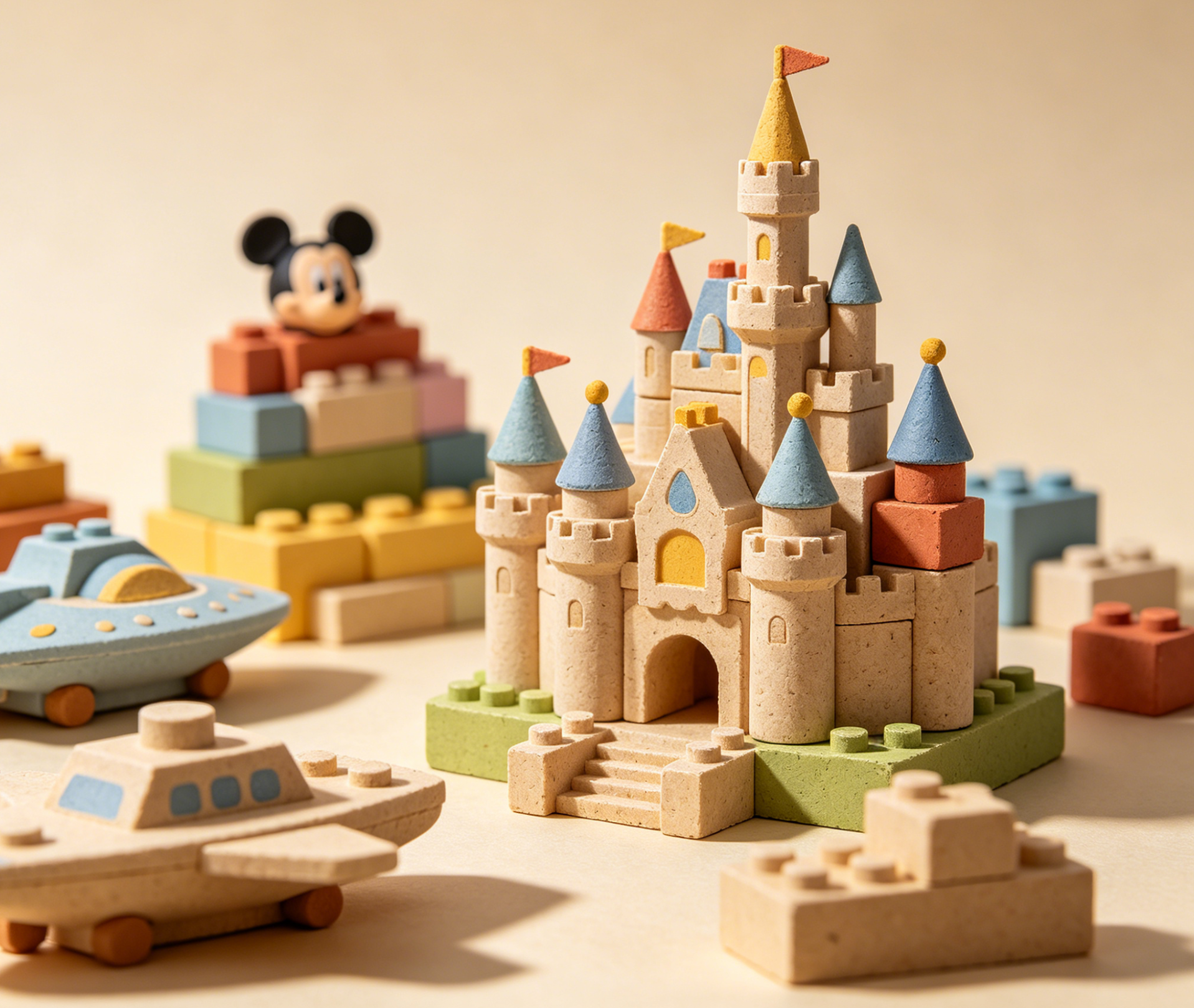 A creative display of eco-friendly and Disney-themed building blocks on a wooden table.