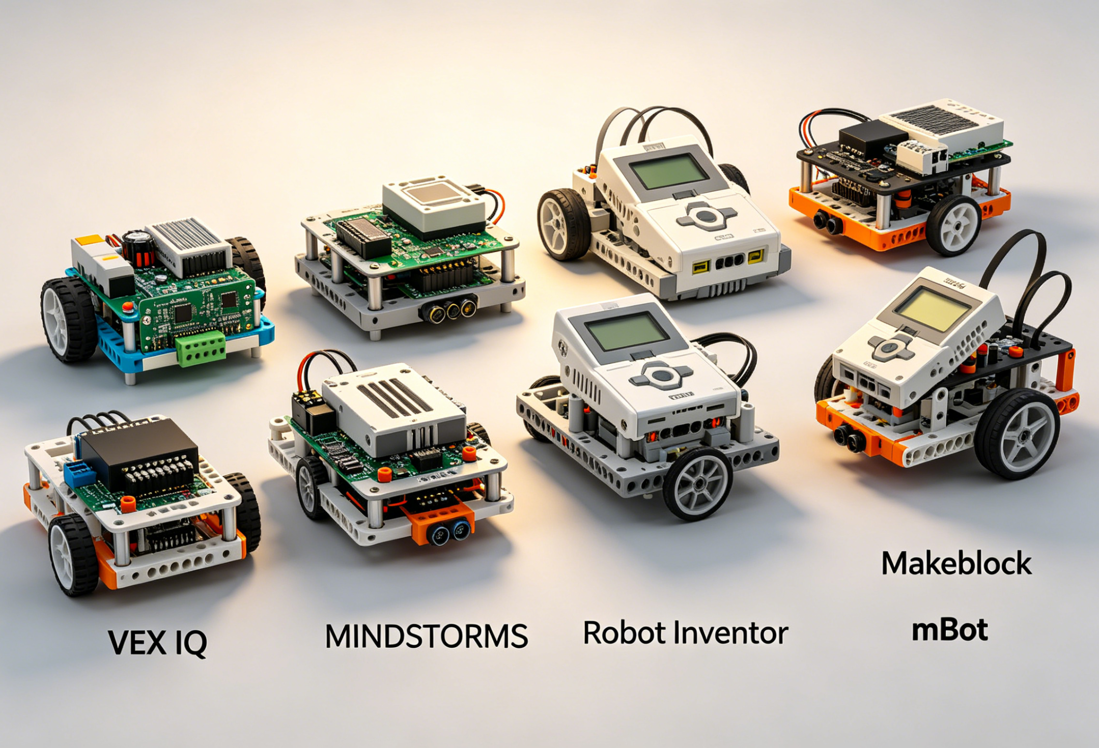 A collection of educational robotics kits and building blocks on a desk